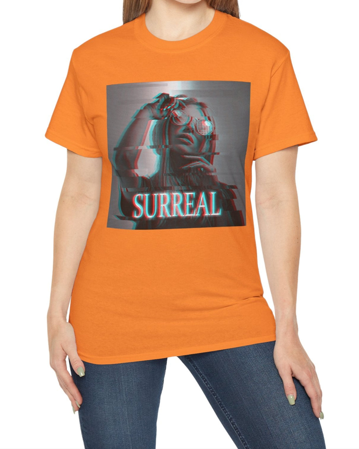 Surreal unisex T-shirt in tangerine, with red-cyan anaglyph and scan line effects, featuring a woman's soft, glitched silhouette — an illusion caught between memory and reality. From ModeK Vetements.