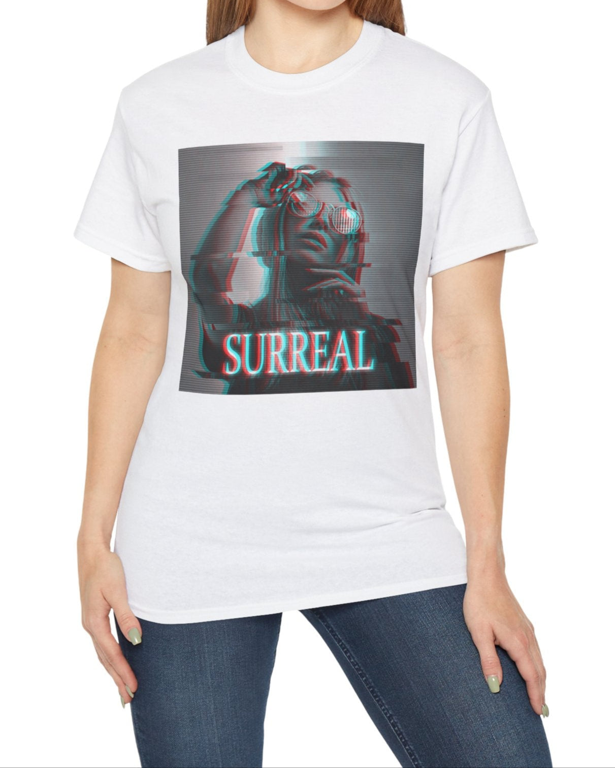 Surreal unisex T-shirt in white, with red-cyan anaglyph and scan line effects, featuring a woman's soft, glitched silhouette — an illusion caught between memory and reality. From ModeK Vetements.