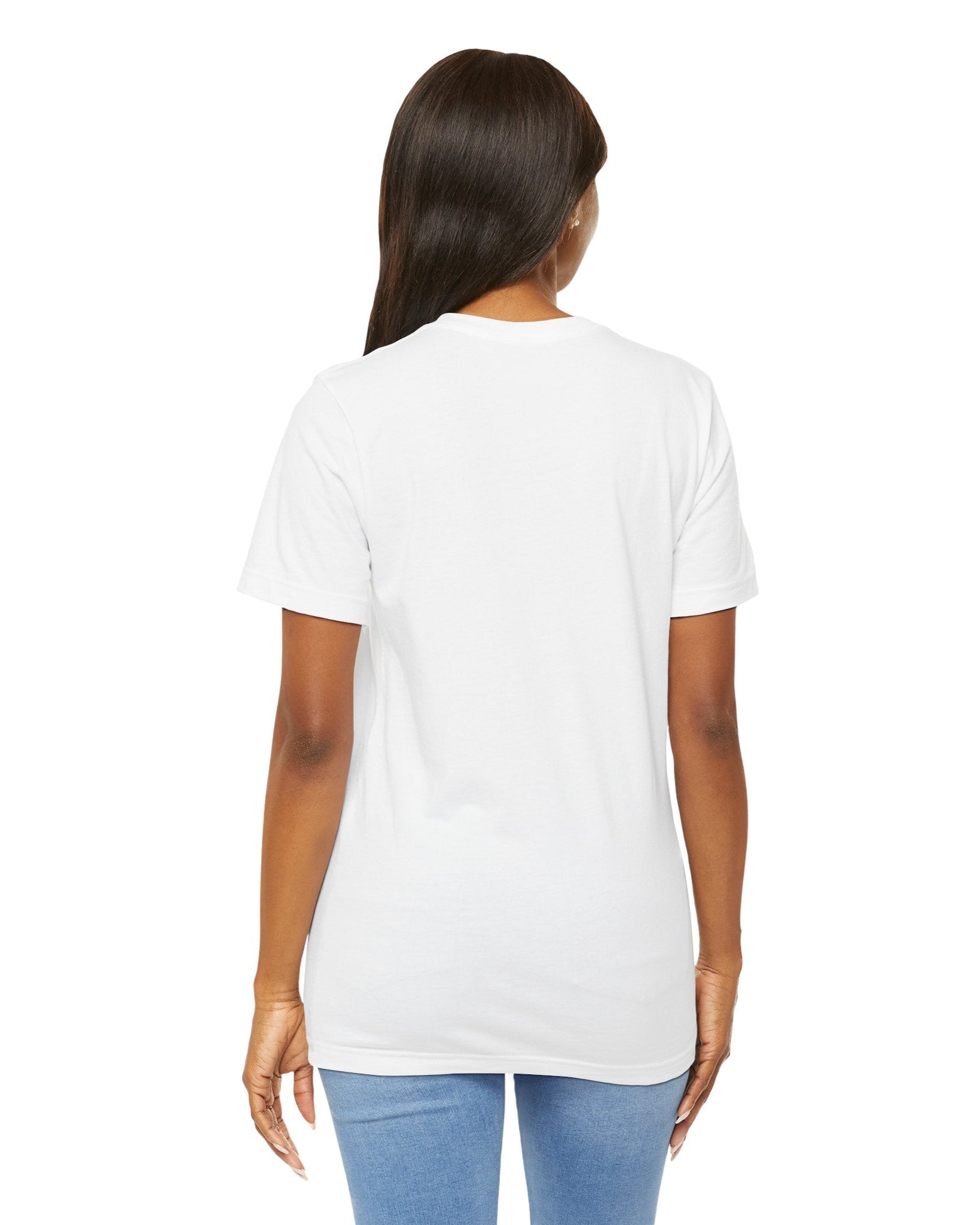 Back of the unisex airlume cotton t-shirt in white, featuring a woman in a wide-brimmed hat appearing clearly over a blurred motion version of herself, as if caught between dream and sleep. The lilac-pink words “SWEET DREAMS” float above on a medium turquoise background, evoking the gentle melancholy of May evenings. From ModeK Vetements.