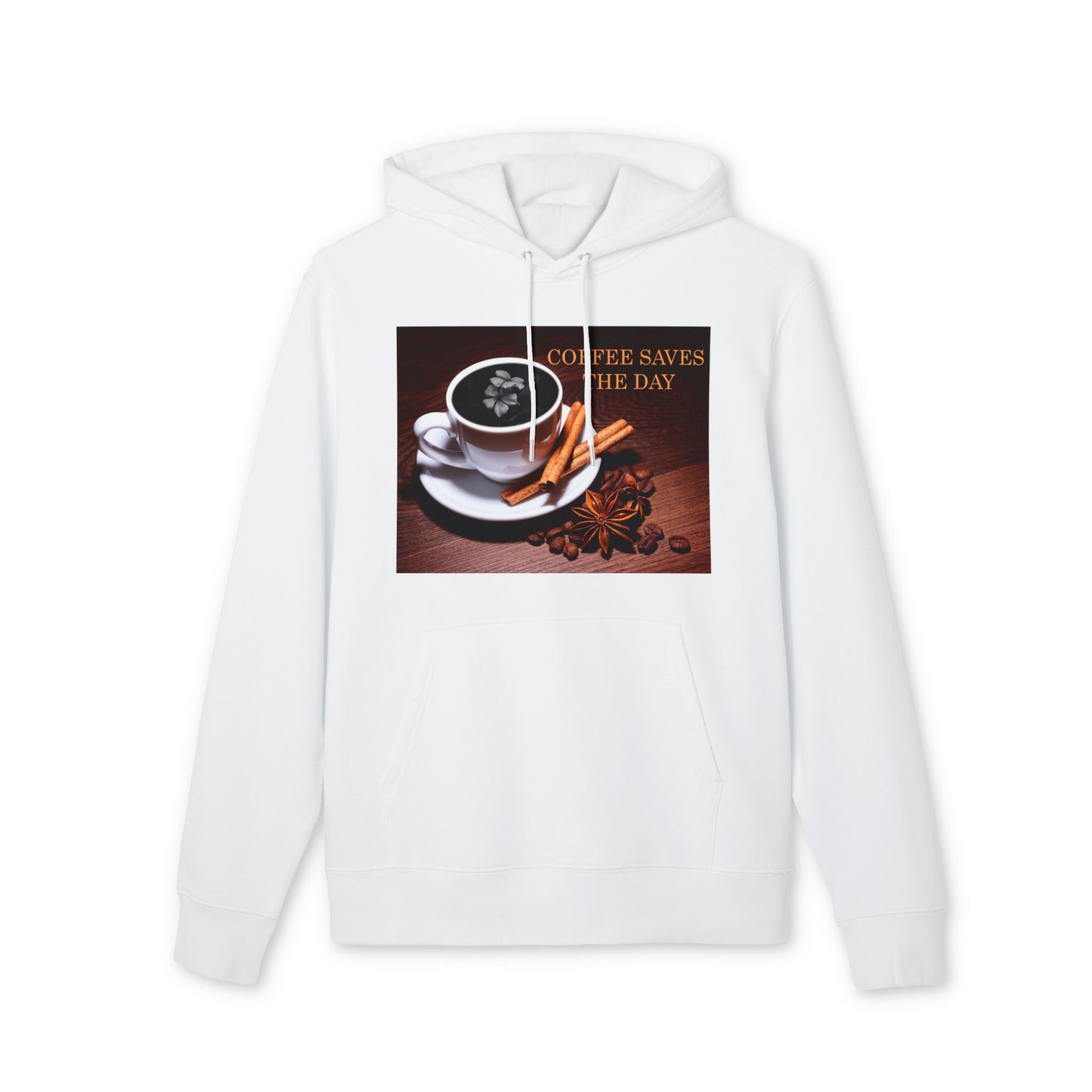 Hanging unisex hoodie in white, with front graphic showing a white porcelain coffee cup surrounded by cinnamon sticks, star anise, and coffee beans, with a dark foam surface blooming into a subtle flower shape. 100% organic, combed and ring-spun cotton from ModeK Vetements.