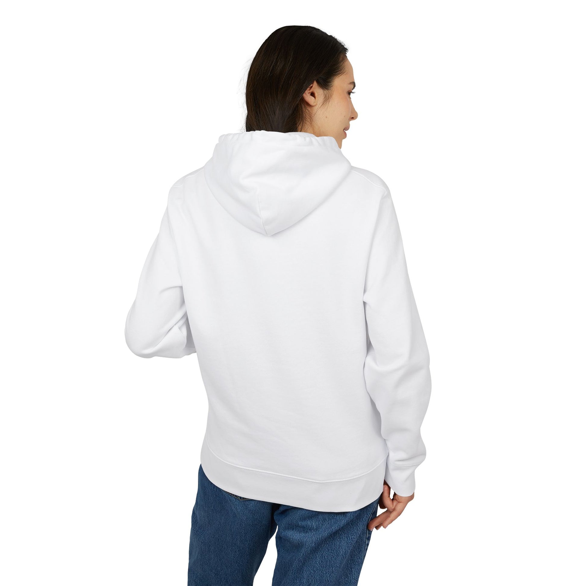 Back of the unisex hoodie in white, featuring a self-fabric half moon at the back neck. 100% organic, combed and ring-spun cotton from ModeK Vetements.