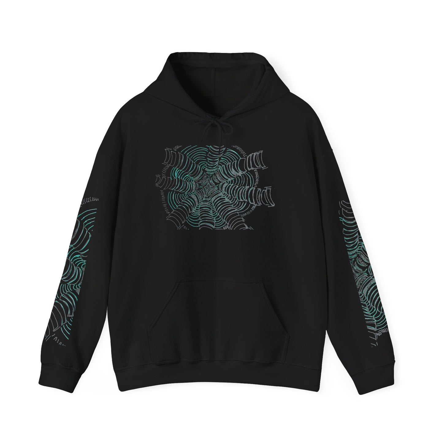 Hanging unisex heavy blend hoodie in black, featuring a hand-drawn psychedelic zentangle artwork. Eight segmented white pillars radiate outward from a complex center, surrounded by concentric electric teal ripples that curve inward to create a powerful 3D tunnel effect and optical illusion of movement. From ModeK Vetements.