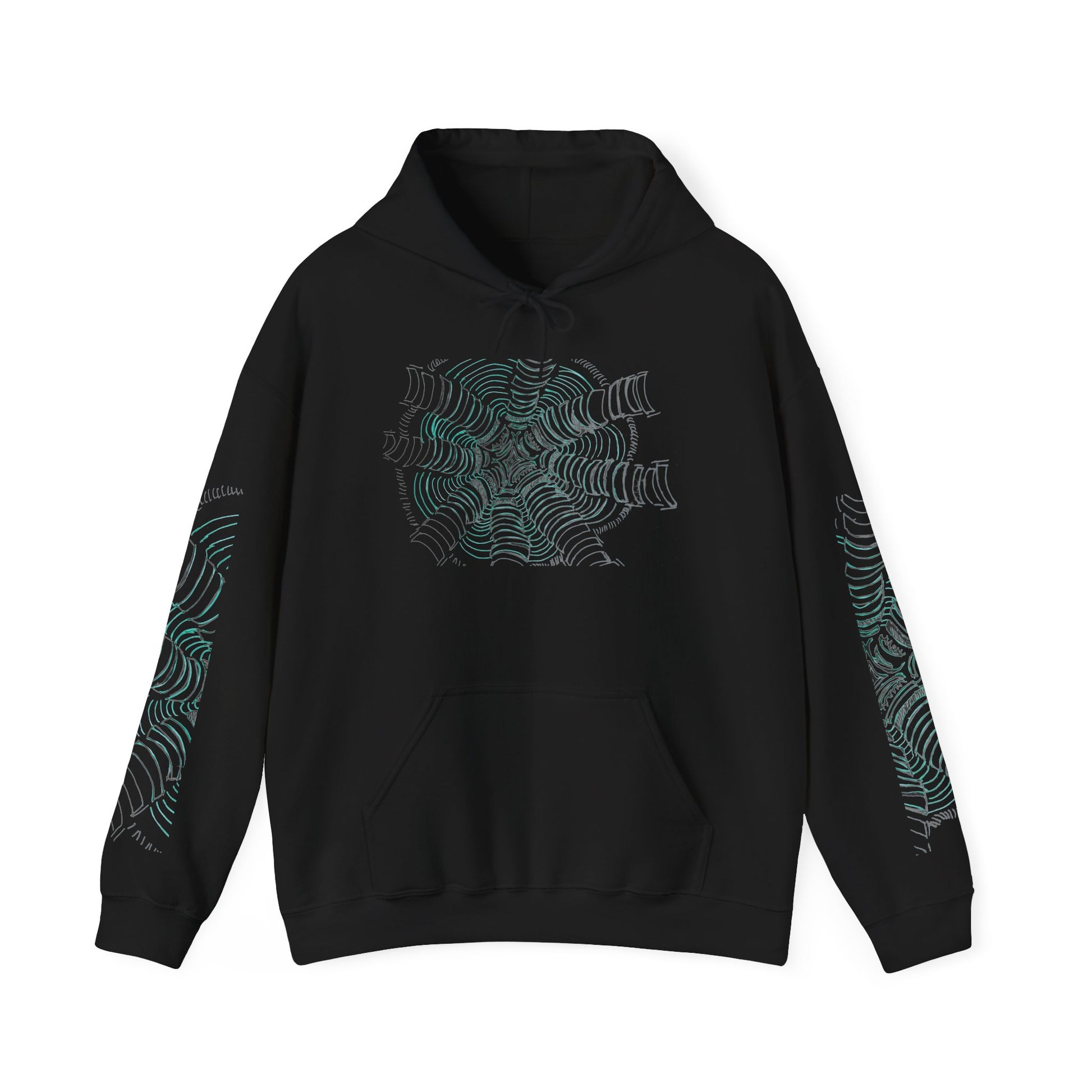 Hanging unisex heavy blend hoodie in black, featuring a hand-drawn psychedelic zentangle artwork. Eight segmented white pillars radiate outward from a complex center, surrounded by concentric electric teal ripples that curve inward to create a powerful 3D tunnel effect and optical illusion of movement. From ModeK Vetements.