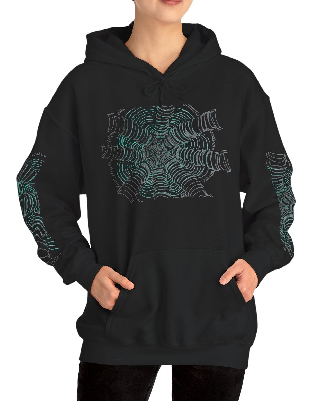 Front of the unisex heavy blend hoodie in black, featuring a hand-drawn psychedelic zentangle artwork. Eight segmented white pillars radiate outward from a complex center, surrounded by concentric electric teal ripples that curve inward to create a powerful 3D tunnel effect and optical illusion of movement. From ModeK Vetements.