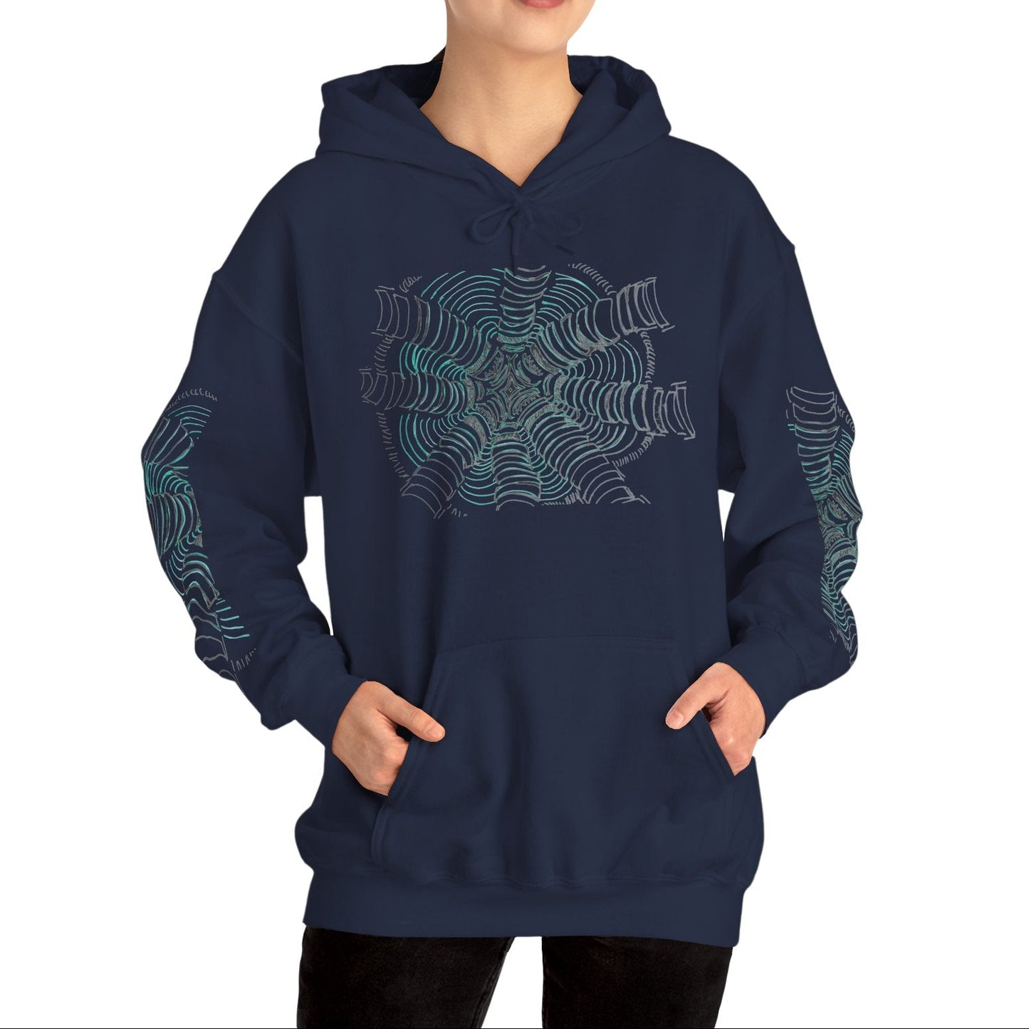 Front of the unisex heavy blend hoodie in navy featuring a hand-drawn psychedelic zentangle artwork. Eight segmented white pillars radiate outward from a complex center, surrounded by concentric electric teal ripples that curve inward to create a powerful 3D tunnel effect and optical illusion of movement. From ModeK Vetements.