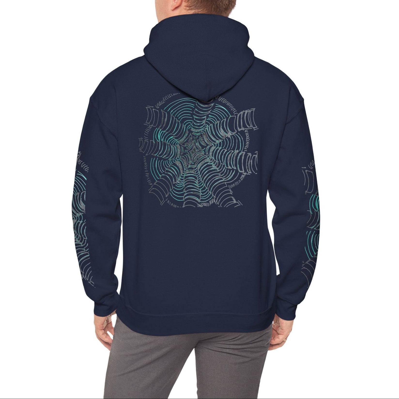 Back of the unisex heavy blend hoodie in navy, featuring a hand-drawn psychedelic zentangle artwork. Eight segmented white pillars radiate outward from a complex center, surrounded by concentric electric teal ripples that curve inward to create a powerful 3D tunnel effect and optical illusion of movement. From ModeK Vetements.
