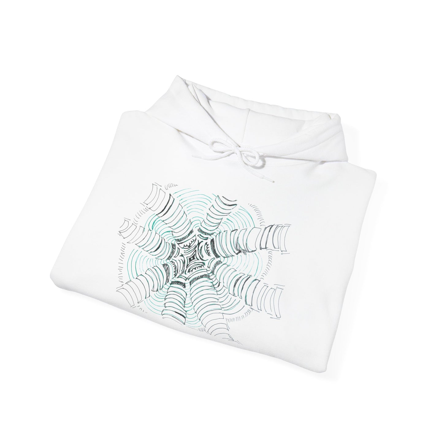 Folded unisex heavy blend hoodie in white, featuring a hand-drawn psychedelic zentangle artwork. Eight segmented white pillars radiate outward from a complex center, surrounded by concentric electric teal ripples that curve inward to create a powerful 3D tunnel effect and optical illusion of movement. From ModeK Vetements.