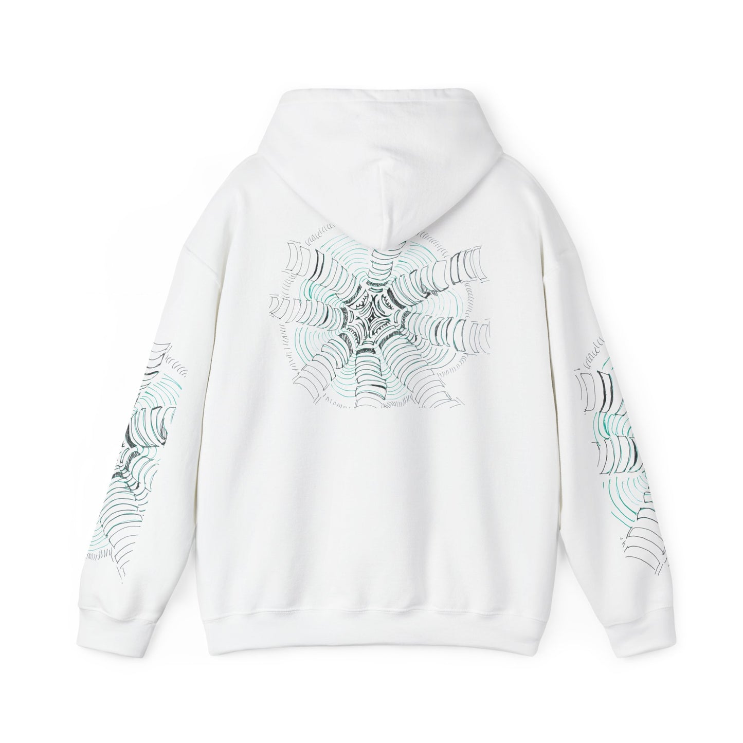 Hanging unisex heavy blend hoodie in white, featuring a hand-drawn psychedelic zentangle artwork. Eight segmented white pillars radiate outward from a complex center, surrounded by concentric electric teal ripples that curve inward to create a powerful 3D tunnel effect and optical illusion of movement. From ModeK Vetements.