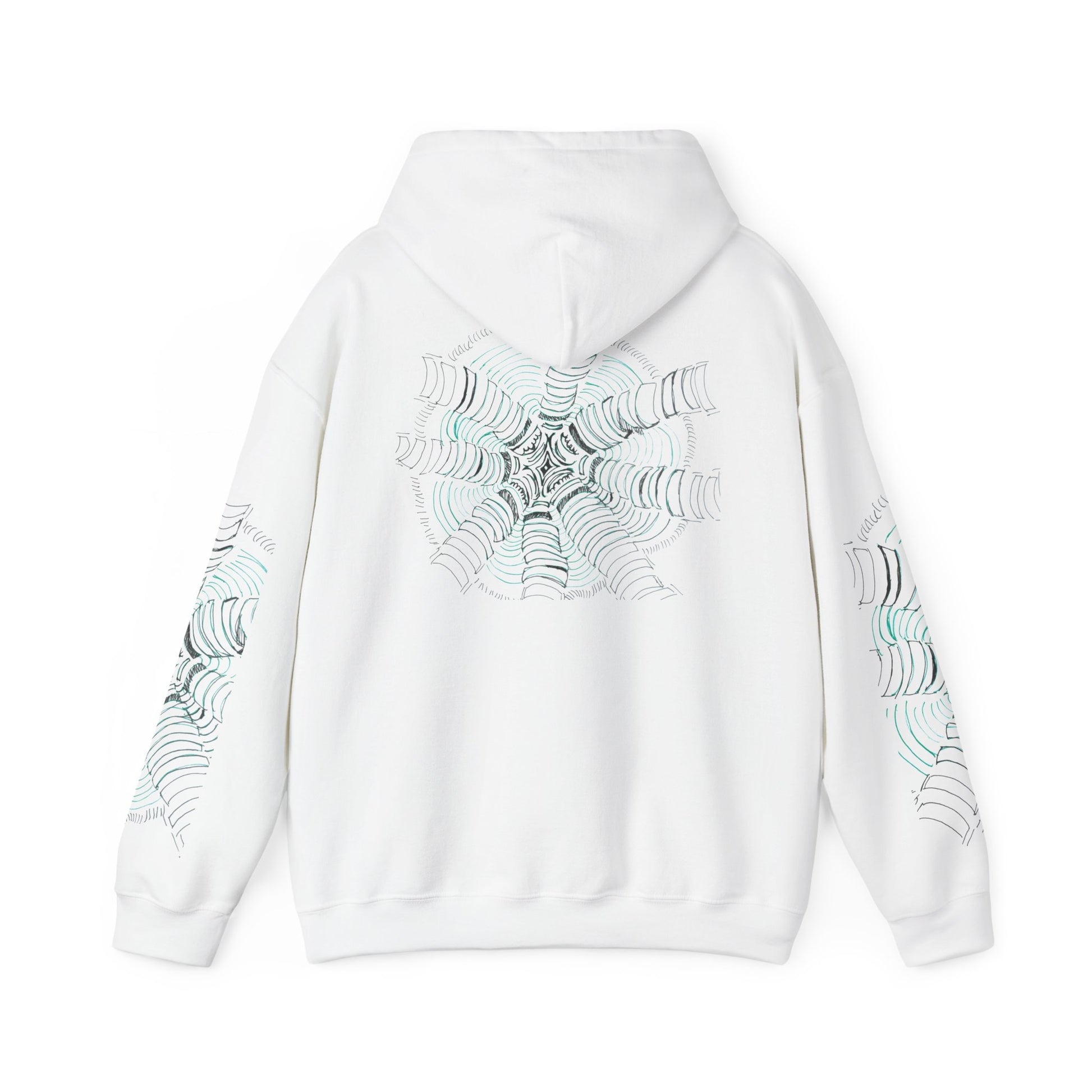 Hanging unisex heavy blend hoodie in white, featuring a hand-drawn psychedelic zentangle artwork. Eight segmented white pillars radiate outward from a complex center, surrounded by concentric electric teal ripples that curve inward to create a powerful 3D tunnel effect and optical illusion of movement. From ModeK Vetements.