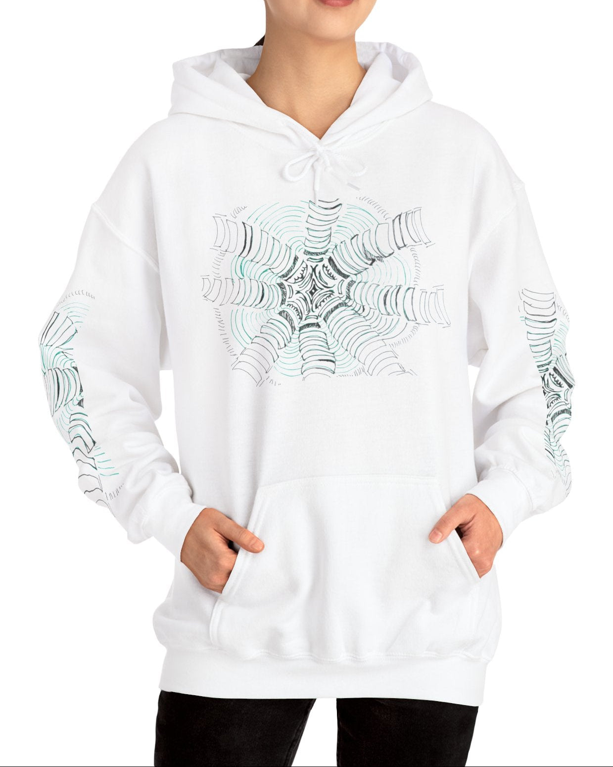 Front of the unisex heavy blend hoodie in white, featuring a hand-drawn psychedelic zentangle artwork. Eight segmented white pillars radiate outward from a complex center, surrounded by concentric electric teal ripples that curve inward to create a powerful 3D tunnel effect and optical illusion of movement. From ModeK Vetements.