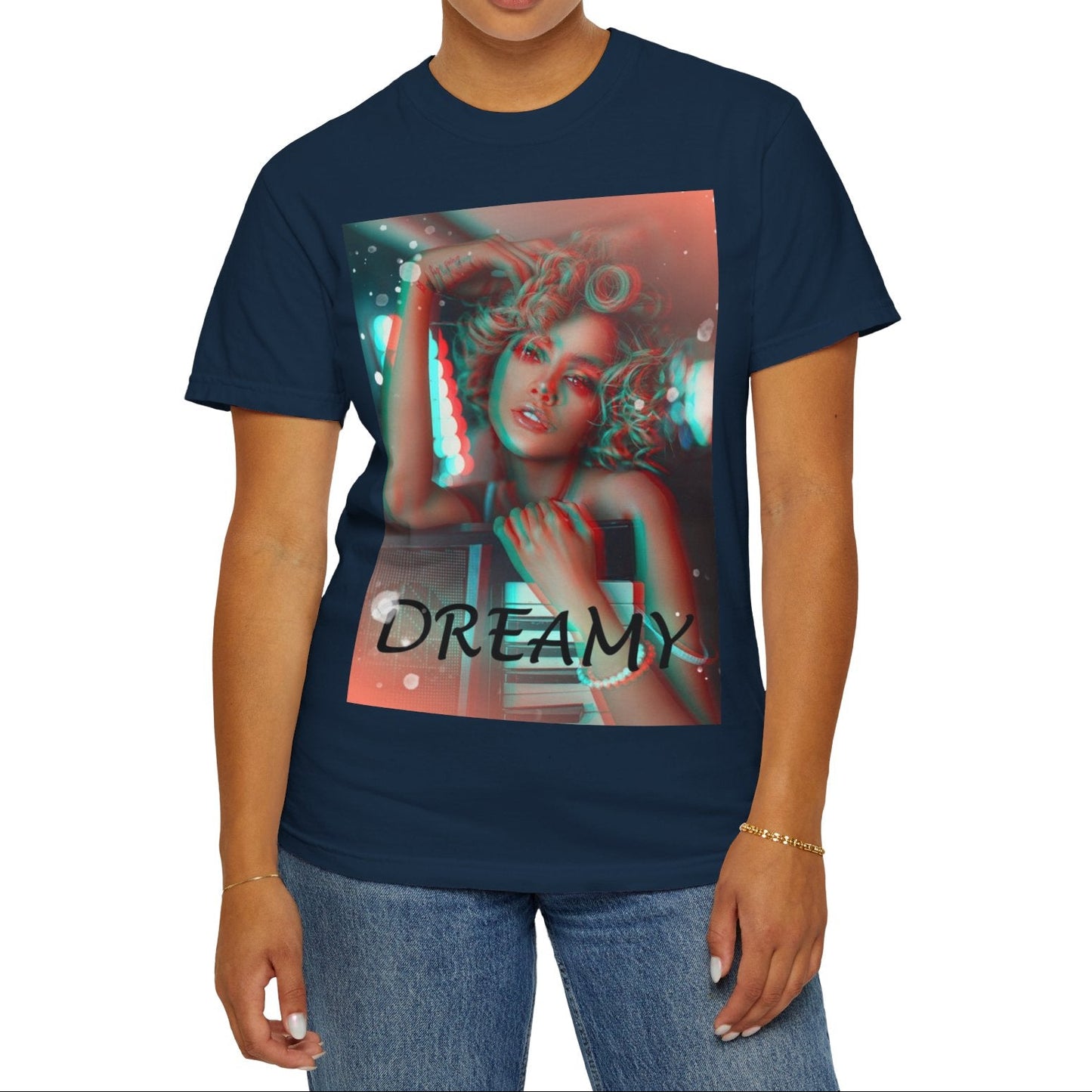 Unisex 100% ring-spun cotton T-Shirt in true navy featuring a DTG graphic design: a stylized anaglyph portrait of a woman with curly hair, leaning on an electronic keyboard. The design uses a 3D glitch effect with shifting layers of electric blue and bittersweet red-orange, capturing a "DREAMY" cinematic atmosphere. From ModeK Vetements.