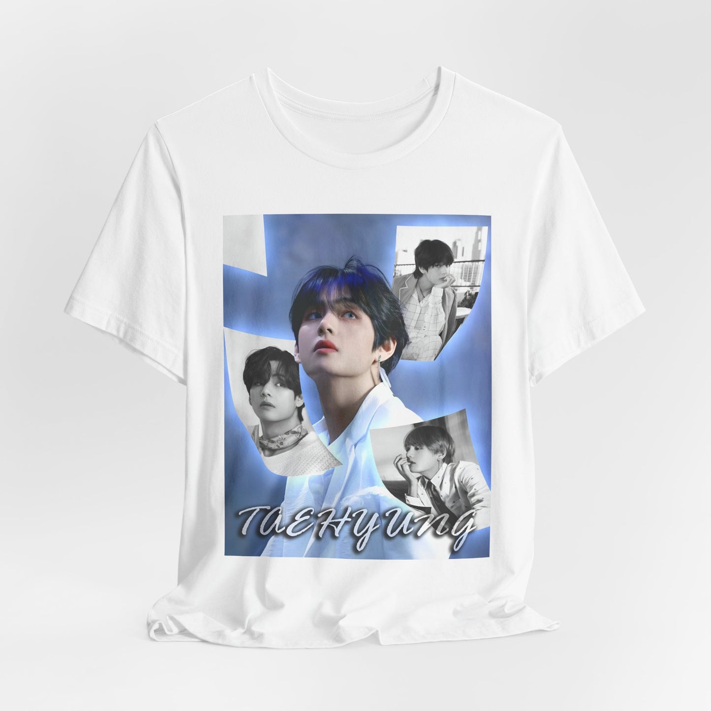 Draped V BTS Unisex T-Shirt in white, featuring an ethereal collage of Taehyung, blending nostalgia and luminescence. A tribute to his visionary spirit and endless dreams. ModeK Vetements.