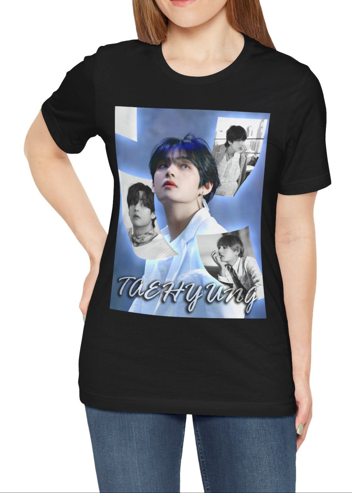 V BTS Unisex T-Shirt in black, featuring an ethereal collage of Taehyung, blending nostalgia and luminescence. A tribute to his visionary spirit and endless dreams. ModeK Vetements.