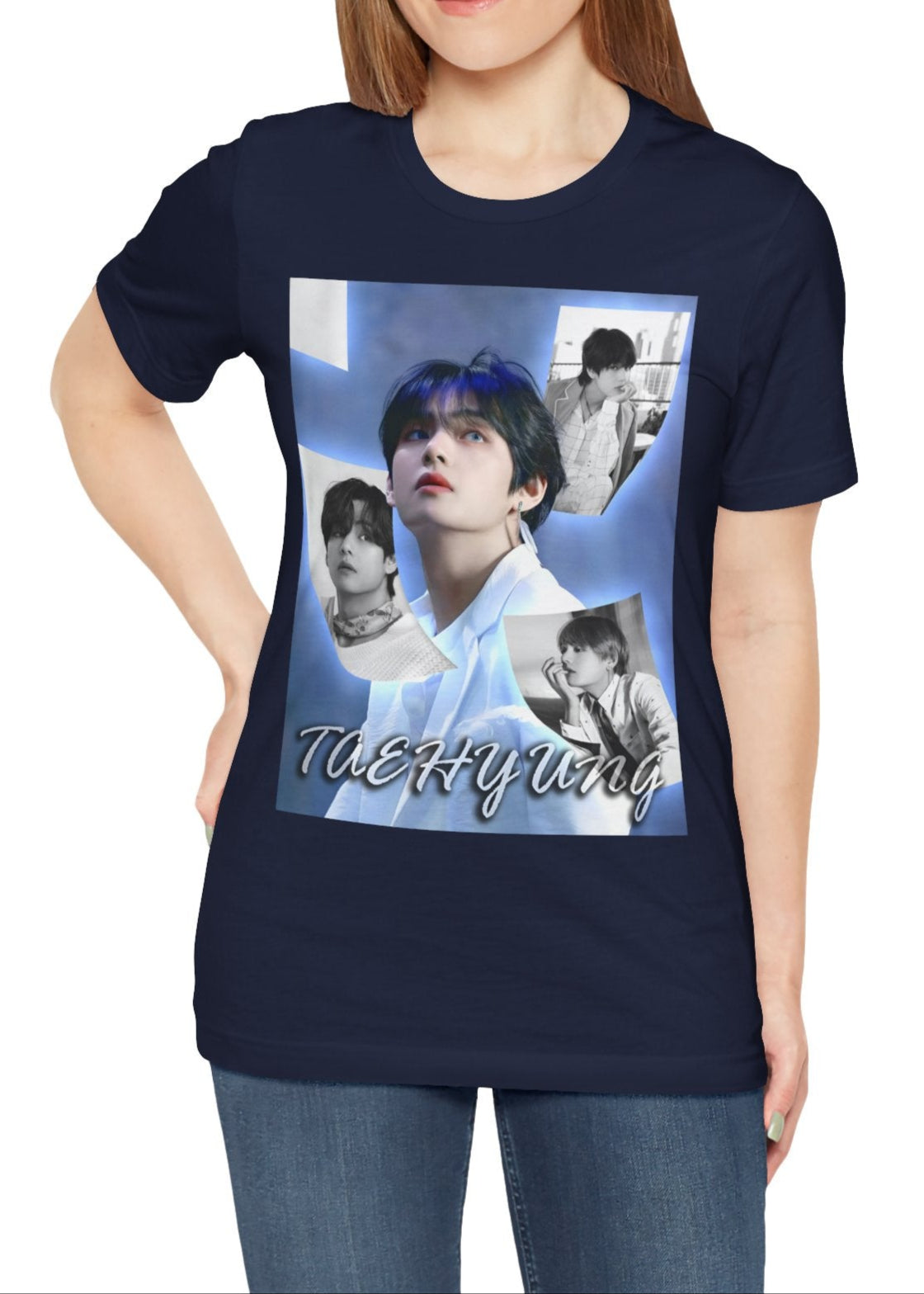 V BTS Unisex T-Shirt in navy, featuring an ethereal collage of Taehyung, blending nostalgia and luminescence. A tribute to his visionary spirit and endless dreams. ModeK Vetements.