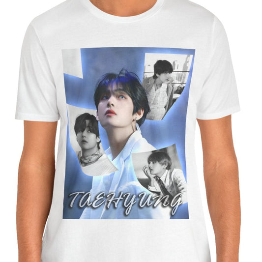 V BTS Unisex T-Shirt in white, featuring an ethereal collage of Taehyung, blending nostalgia and luminescence. A tribute to his visionary spirit and endless dreams. ModeK Vetements.