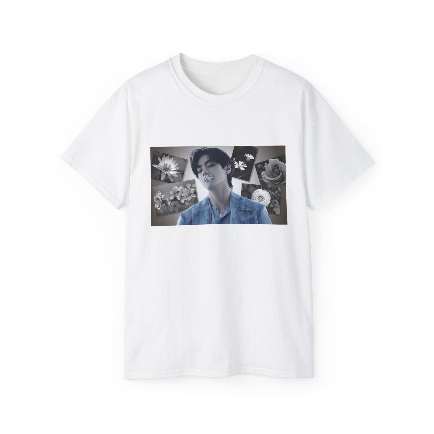 Draped unisex cotton T-shirt in white, featuring a portrait of BTS’s Taehyung (V) holding a blue flower in his mouth, surrounded by grayscale images of a rose, sakura, water lily, dahlia, and rabelera in a collage-style background. ModeK Vetements.