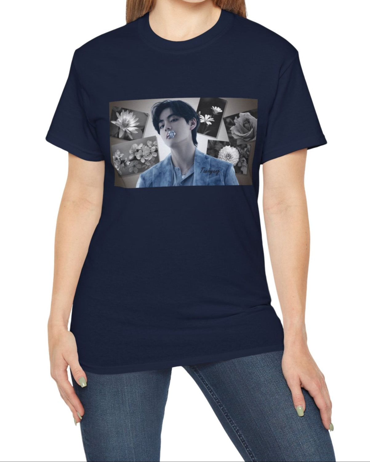 Unisex cotton T-shirt in navy, featuring a portrait of BTS’s Taehyung (V) holding a blue flower in his mouth, surrounded by grayscale images of a rose, sakura, water lily, dahlia, and rabelera in a collage-style background. ModeK Vetements.