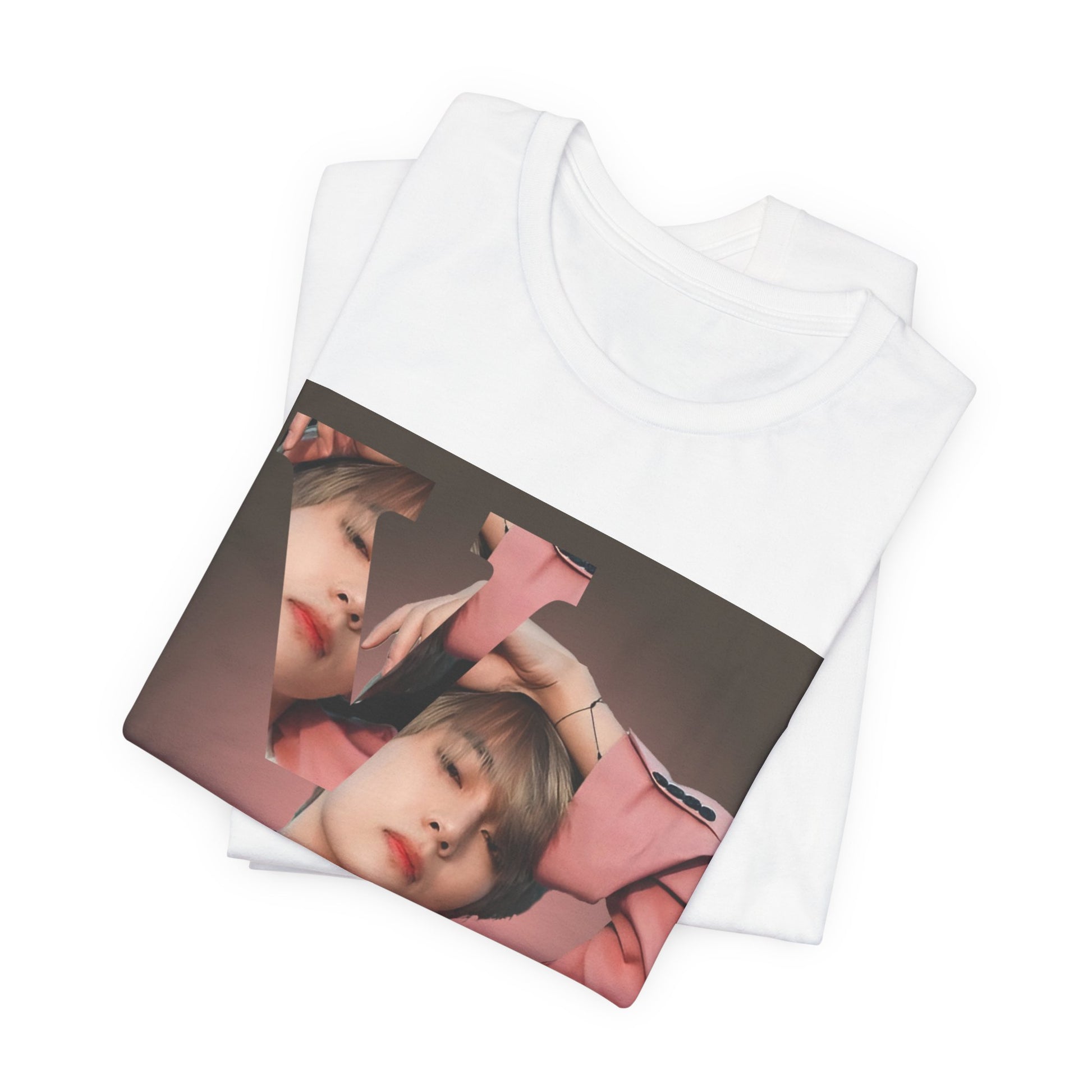 Folded V BTS Unisex T-Shirt in white – A seamlessly blended design capturing V’s unpredictable, dreamy essence. Aesthetic pink tones enhance his depth and artistic allure. 100% Airlume conbed and ring-spun cotton from ModeK Vetements.