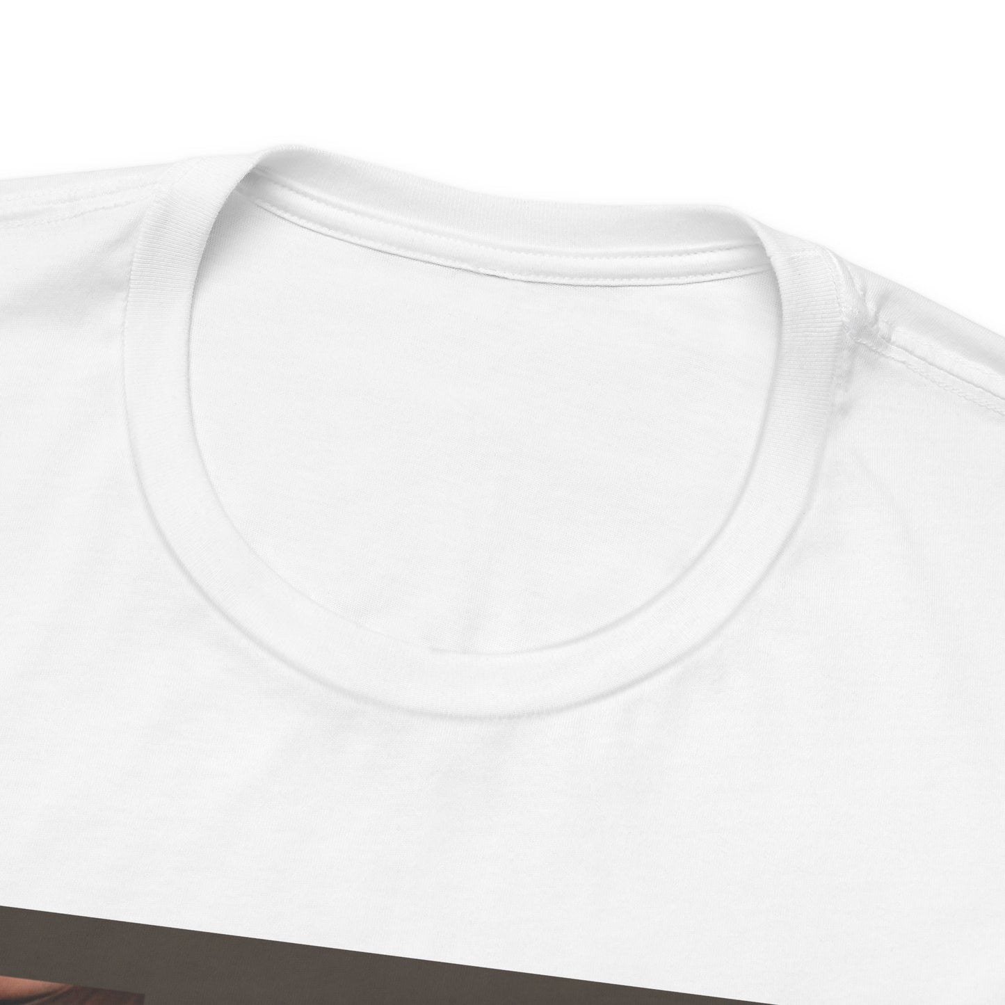 Closeup on the neckline of the V BTS Unisex T-Shirt in white – A seamlessly blended design capturing V’s unpredictable, dreamy essence. Aesthetic pink tones enhance his depth and artistic allure. 100% Airlume conbed and ring-spun cotton from ModeK Vetements.