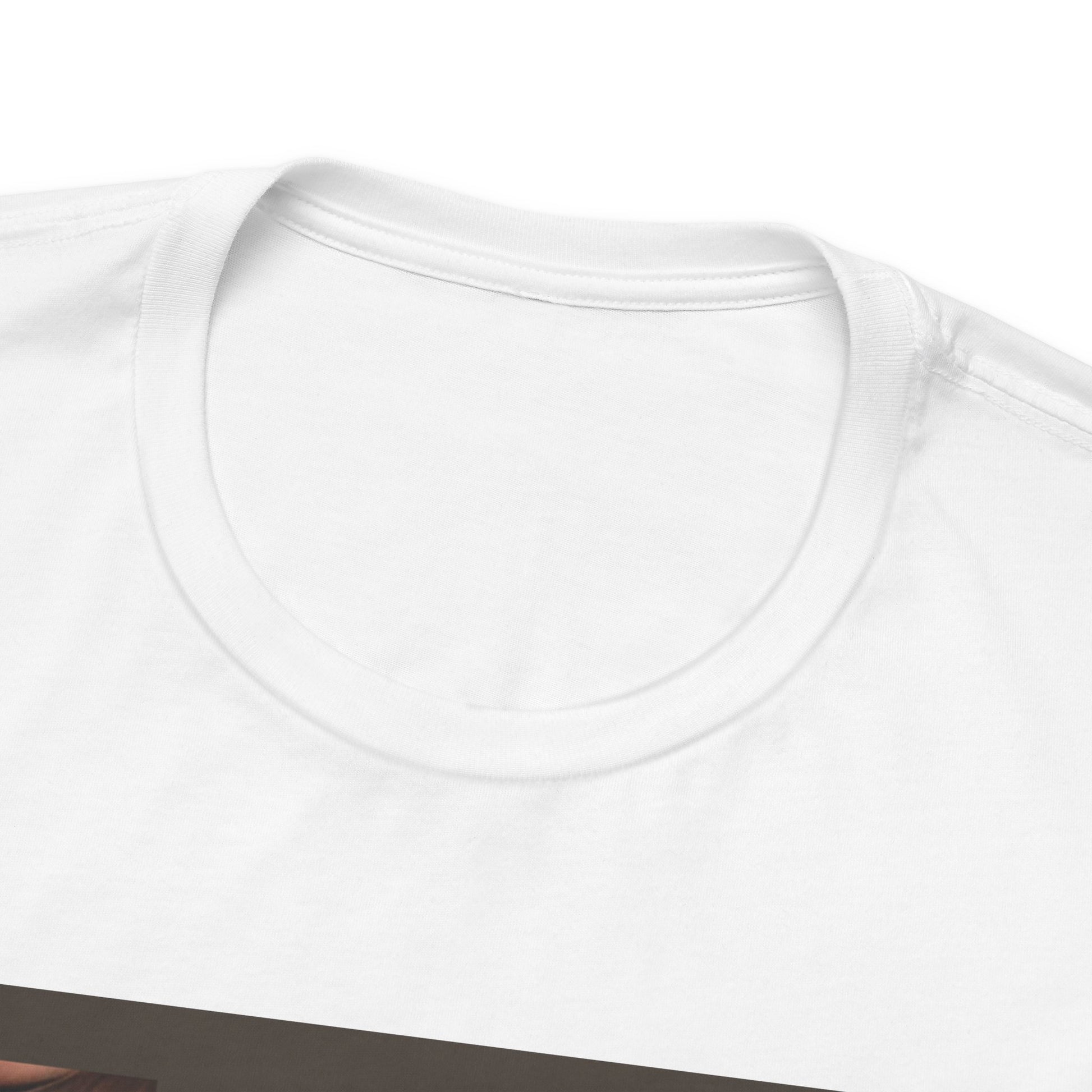 Closeup on the neckline of the V BTS Unisex T-Shirt in white – A seamlessly blended design capturing V’s unpredictable, dreamy essence. Aesthetic pink tones enhance his depth and artistic allure. 100% Airlume conbed and ring-spun cotton from ModeK Vetements.