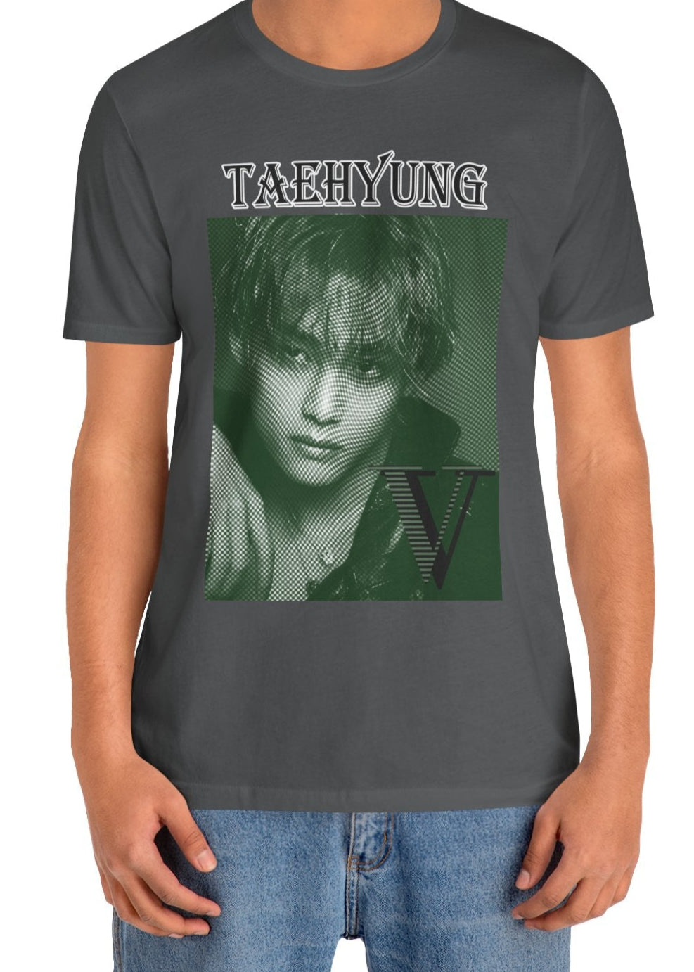 V Taehyung BTS unisex T-shirt in asphalt, featuring a vintage money engraving effect on a deep green-toned portrait. The design blends classic elegance with modern artistic detail, creating a bold yet sophisticated look. Made from 100% Airlume cotton for lightweight comfort. From ModeKVetements.