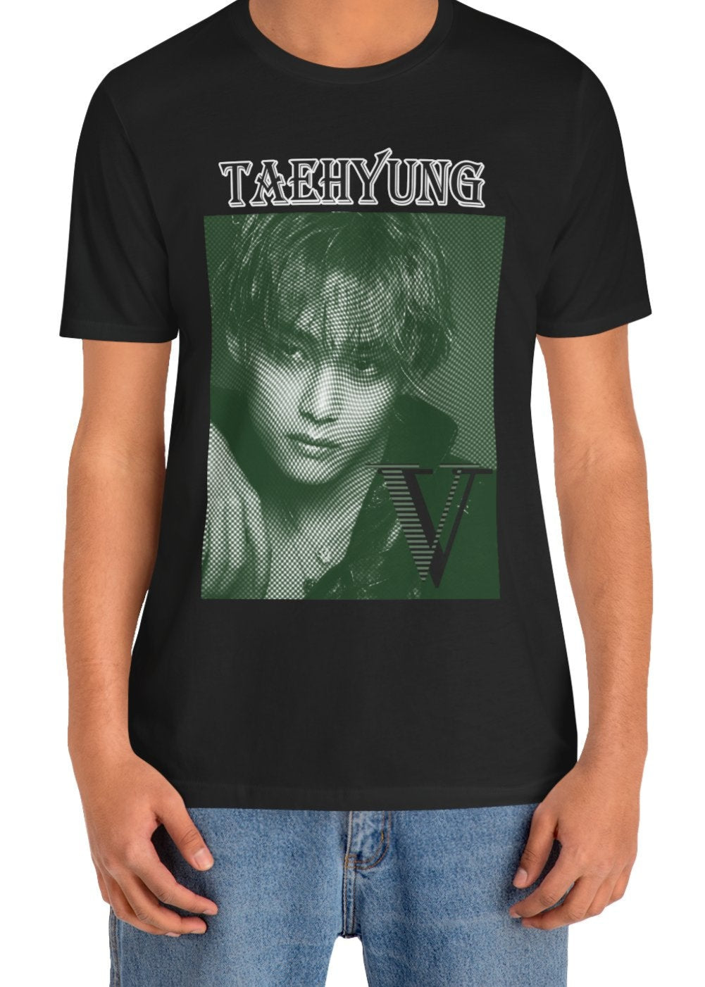 V Taehyung BTS unisex T-shirt in black, featuring a vintage money engraving effect on a deep green-toned portrait. The design blends classic elegance with modern artistic detail, creating a bold yet sophisticated look. Made from 100% Airlume cotton for lightweight comfort. From ModeKVetements.