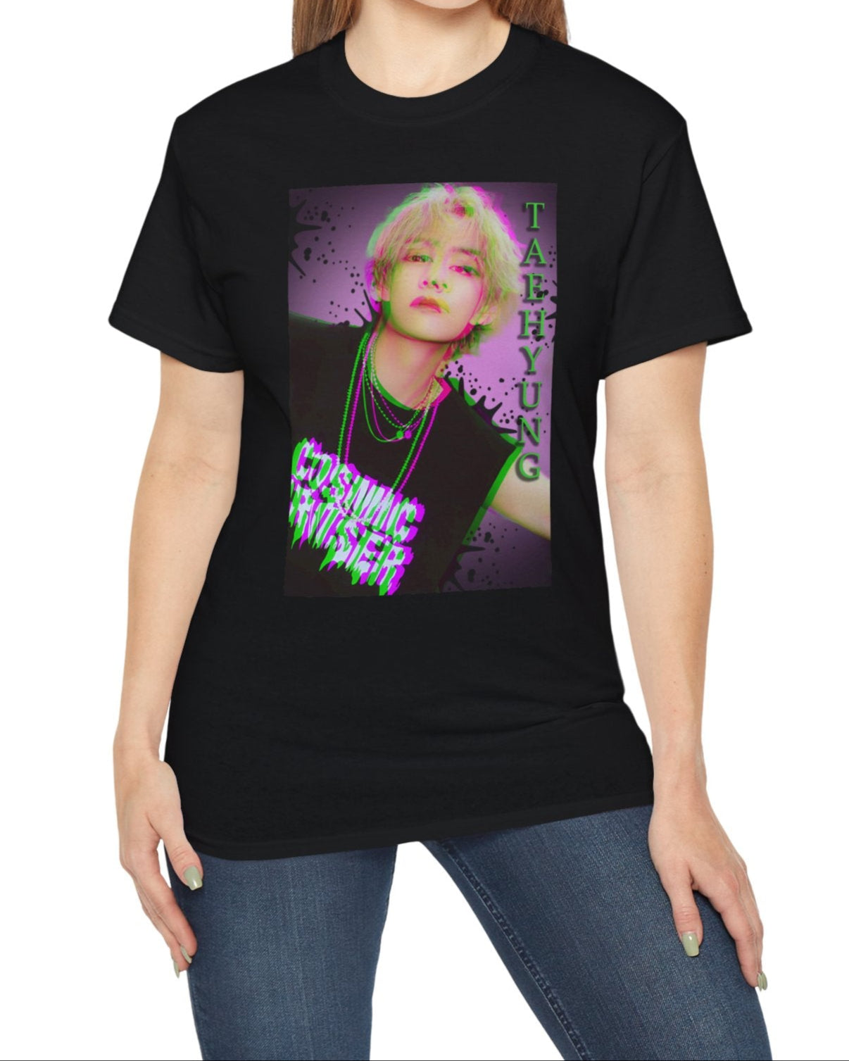V Taehyung BTS unisex t-shirt in black, featuring a glitch-effect design in green and magenta with paint splatters, purple gradient background, and Cosmic Cruiser text. Printed on 100% US cotton, ethically made and Oeko-Tex certified. ModeK Vetements.