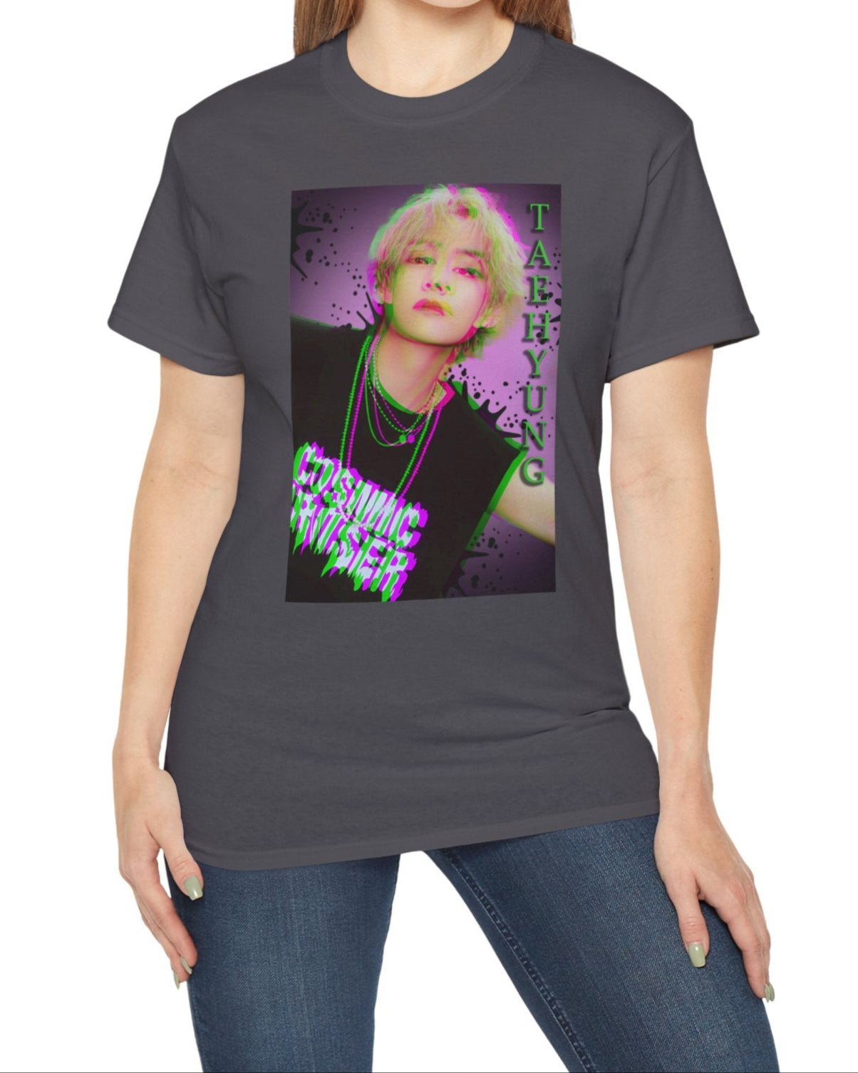 V Taehyung BTS unisex t-shirt in charcoal, featuring a glitch-effect design in green and magenta with paint splatters, purple gradient background, and Cosmic Cruiser text. Printed on 100% US cotton, ethically made and Oeko-Tex certified. ModeK Vetements.