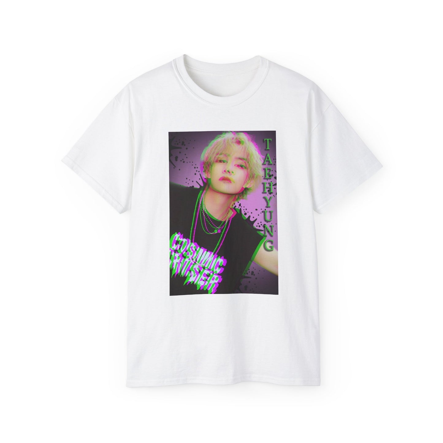 Draped V Taehyung BTS unisex t-shirt in white, featuring a glitch-effect design in green and magenta with paint splatters, purple gradient background, and Cosmic Cruiser text. Printed on 100% US cotton, ethically made and Oeko-Tex certified. ModeK Vetements.