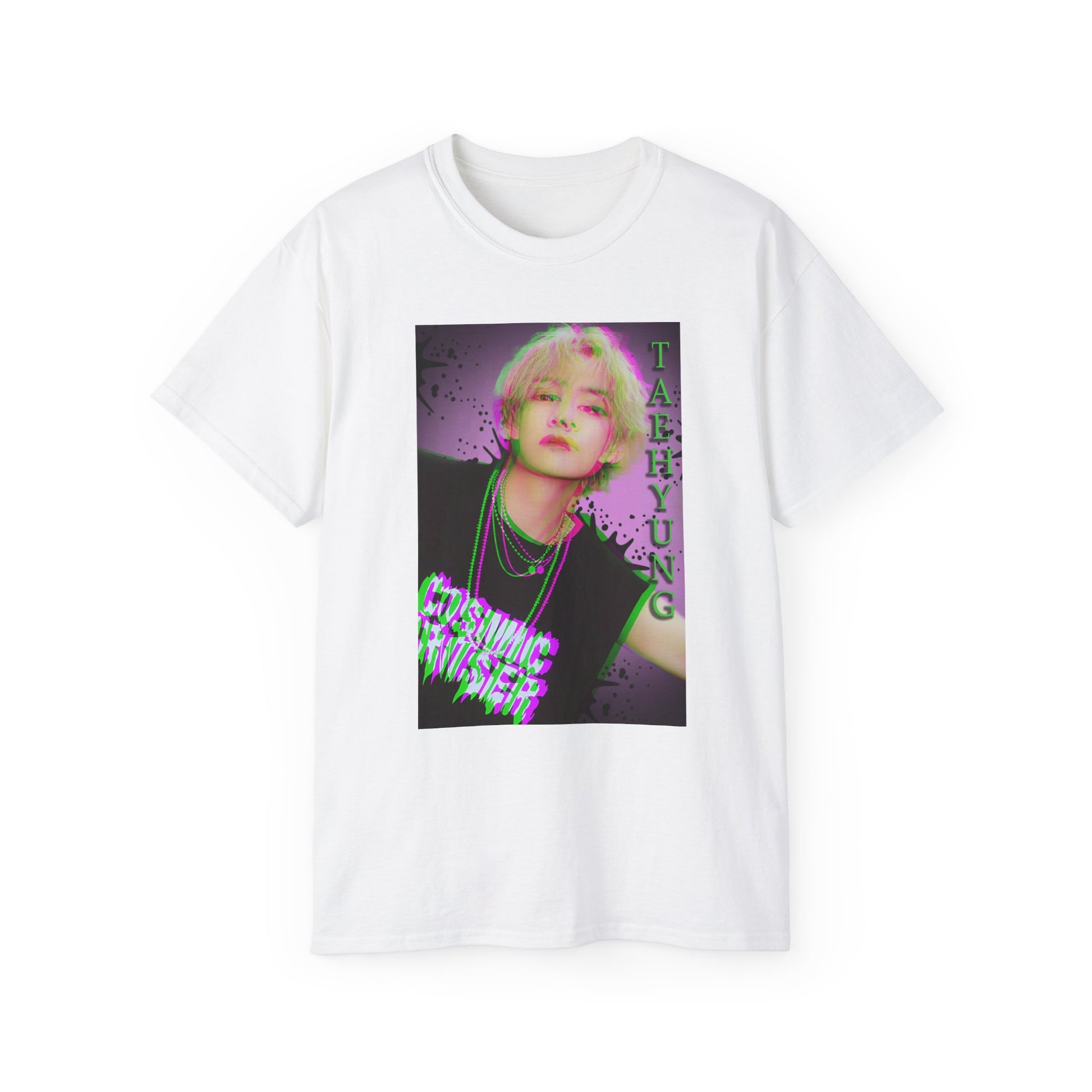 Draped V Taehyung BTS unisex t-shirt in white, featuring a glitch-effect design in green and magenta with paint splatters, purple gradient background, and Cosmic Cruiser text. Printed on 100% US cotton, ethically made and Oeko-Tex certified. ModeK Vetements.