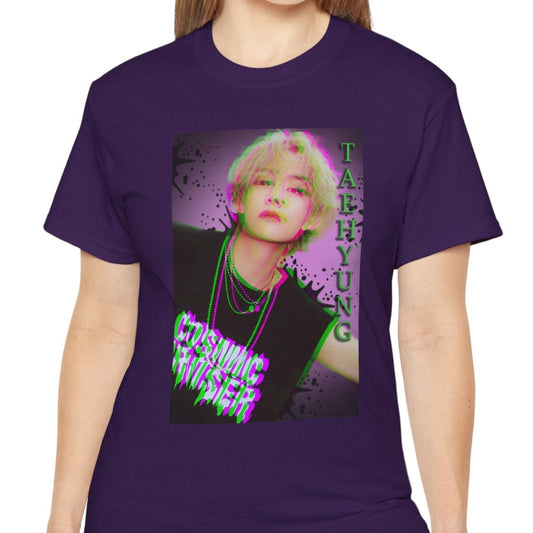 V Taehyung BTS unisex t-shirt in purple, featuring a glitch-effect design in green and magenta with paint splatters, purple gradient background, and Cosmic Cruiser text. Printed on 100% US cotton, ethically made and Oeko-Tex certified. ModeK Vetements.