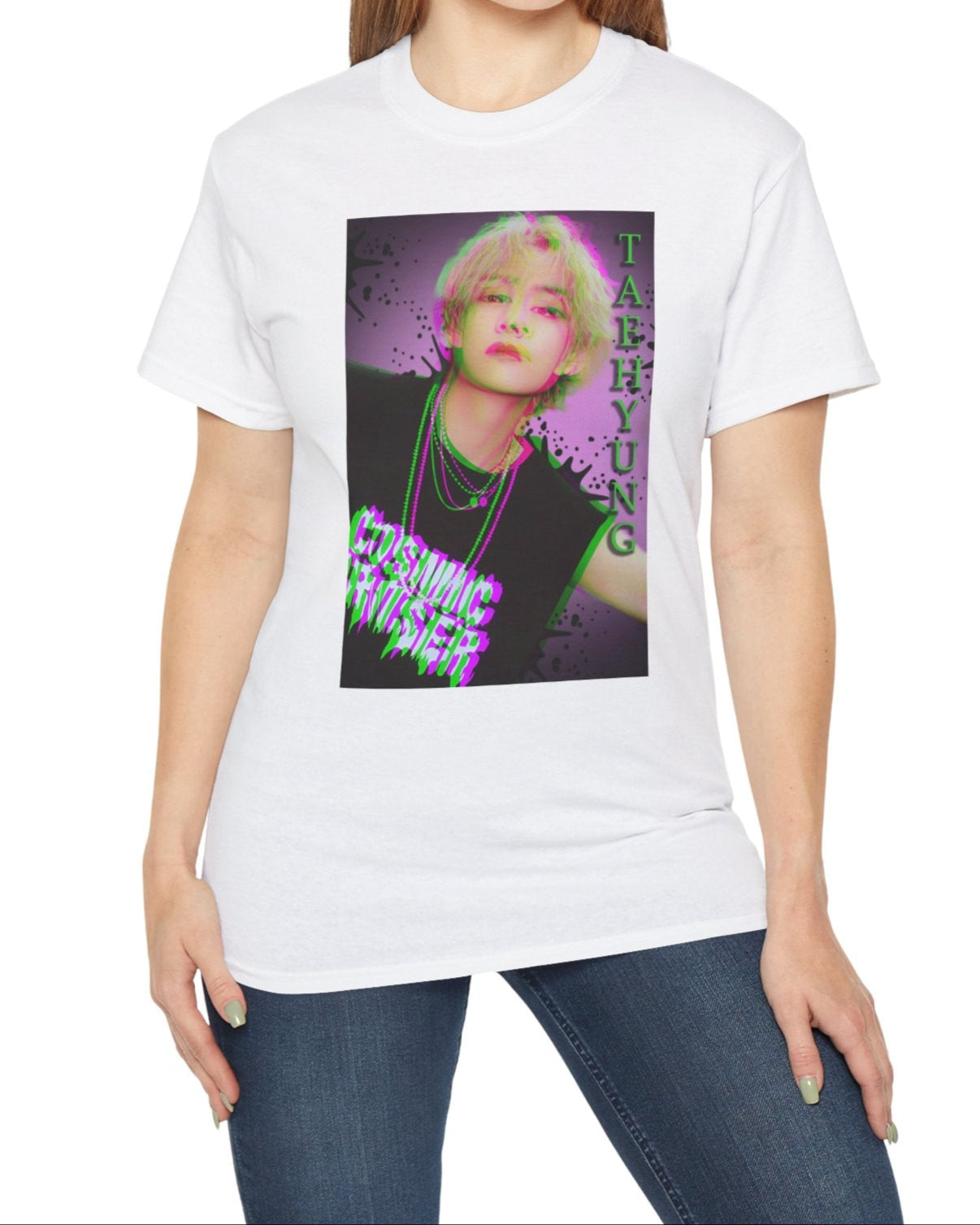 V Taehyung BTS unisex t-shirt in white, featuring a glitch-effect design in green and magenta with paint splatters, purple gradient background, and Cosmic Cruiser text. Printed on 100% US cotton, ethically made and Oeko-Tex certified. ModeK Vetements.