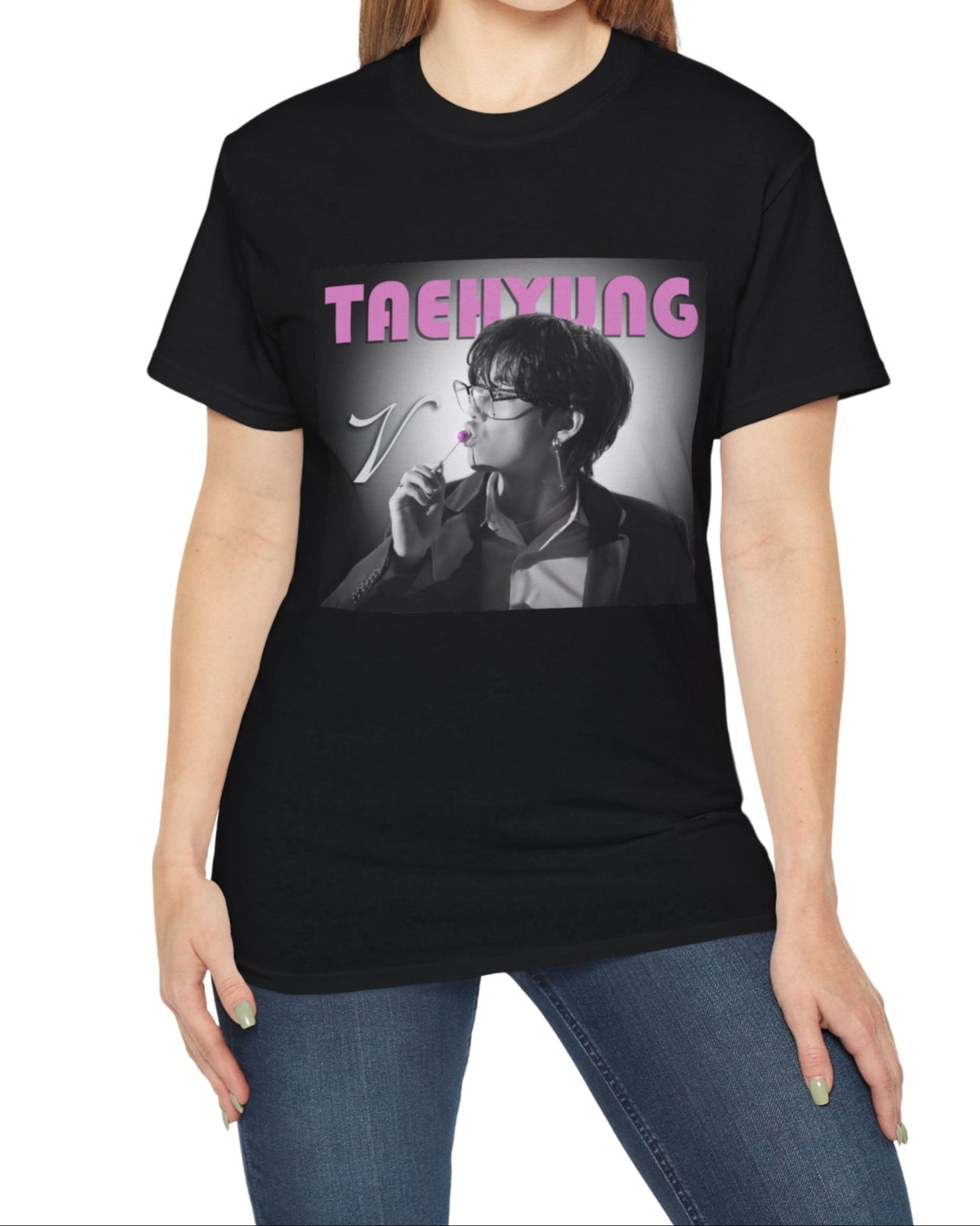 V Taehyung BTS unisex t-shirt in black, featuring a black-and-white design with a pink lollipop and vintage pink lettering. Printed on 100% US cotton, ethically made and Oeko-Tex certified. ModeK Vetements.