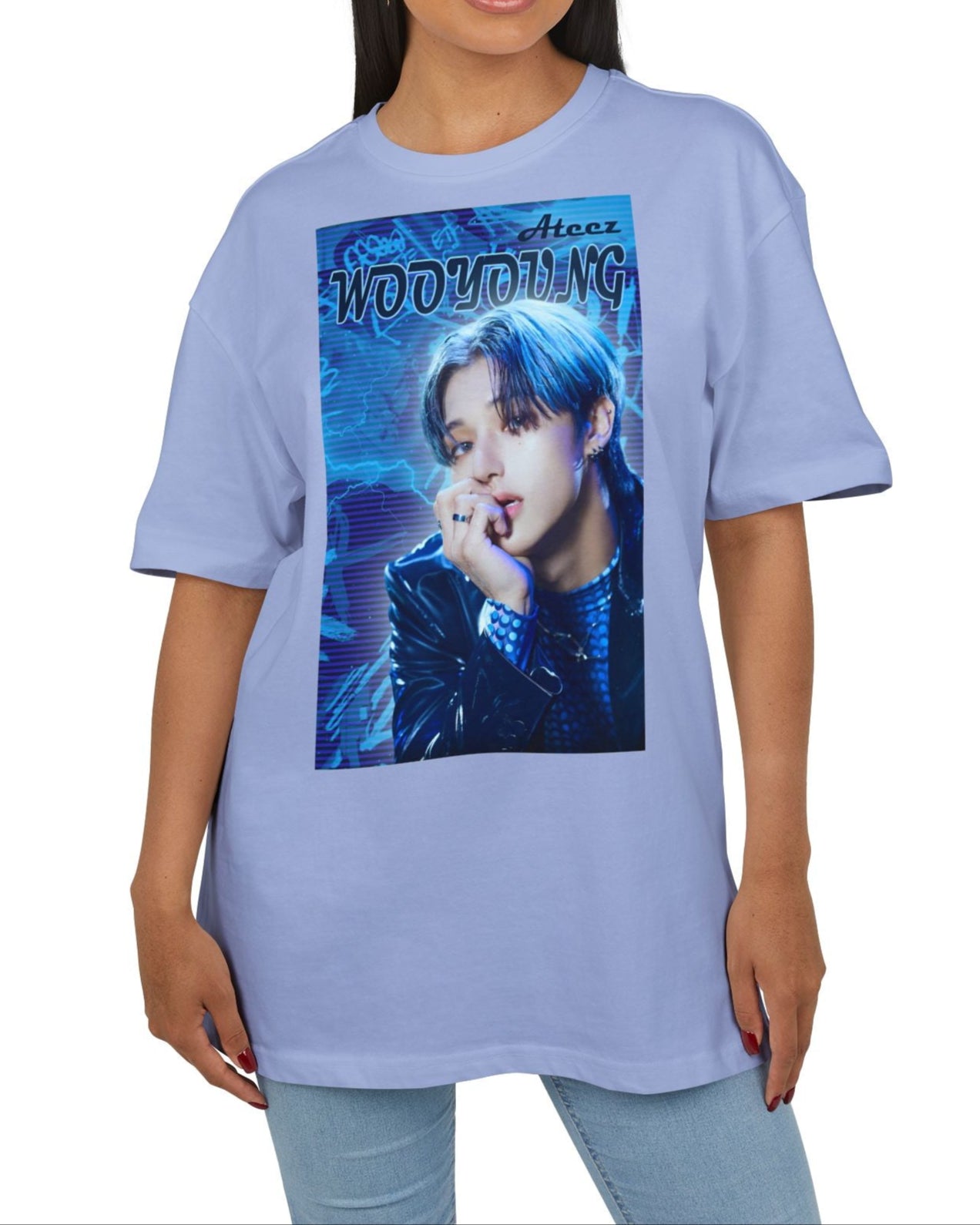 Unisex oversized cotton T-shirt in viola blue, featuring Wooyoung of ATEEZ in a graffiti-style design with electric blue tones, glowing silhouette, race car font, and purple scan lines. From ModeK Vetements.