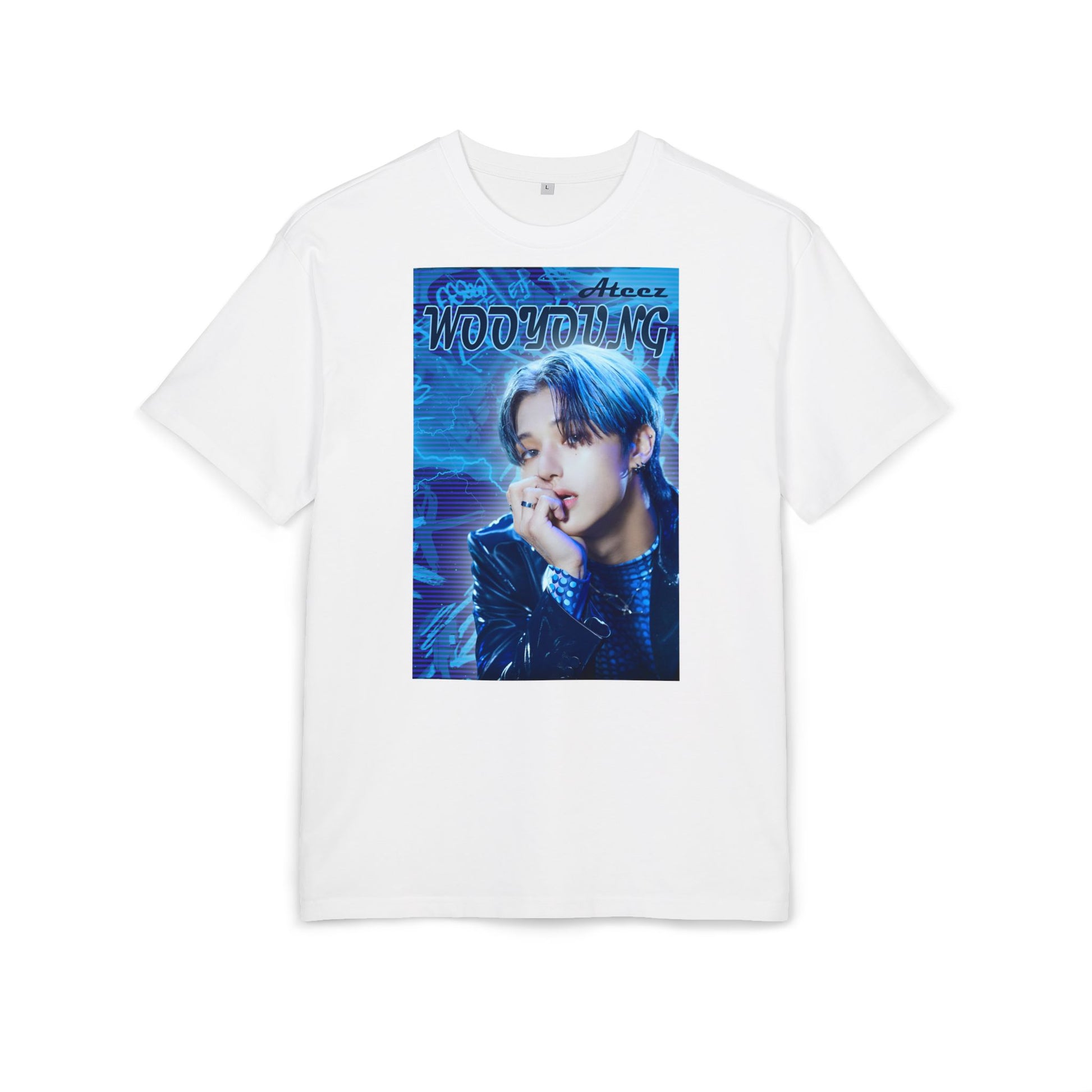 Flat Unisex oversized cotton T-shirt in white, featuring Wooyoung of ATEEZ in a graffiti-style design with electric blue tones, glowing silhouette, race car font, and purple scan lines. From ModeK Vetements.