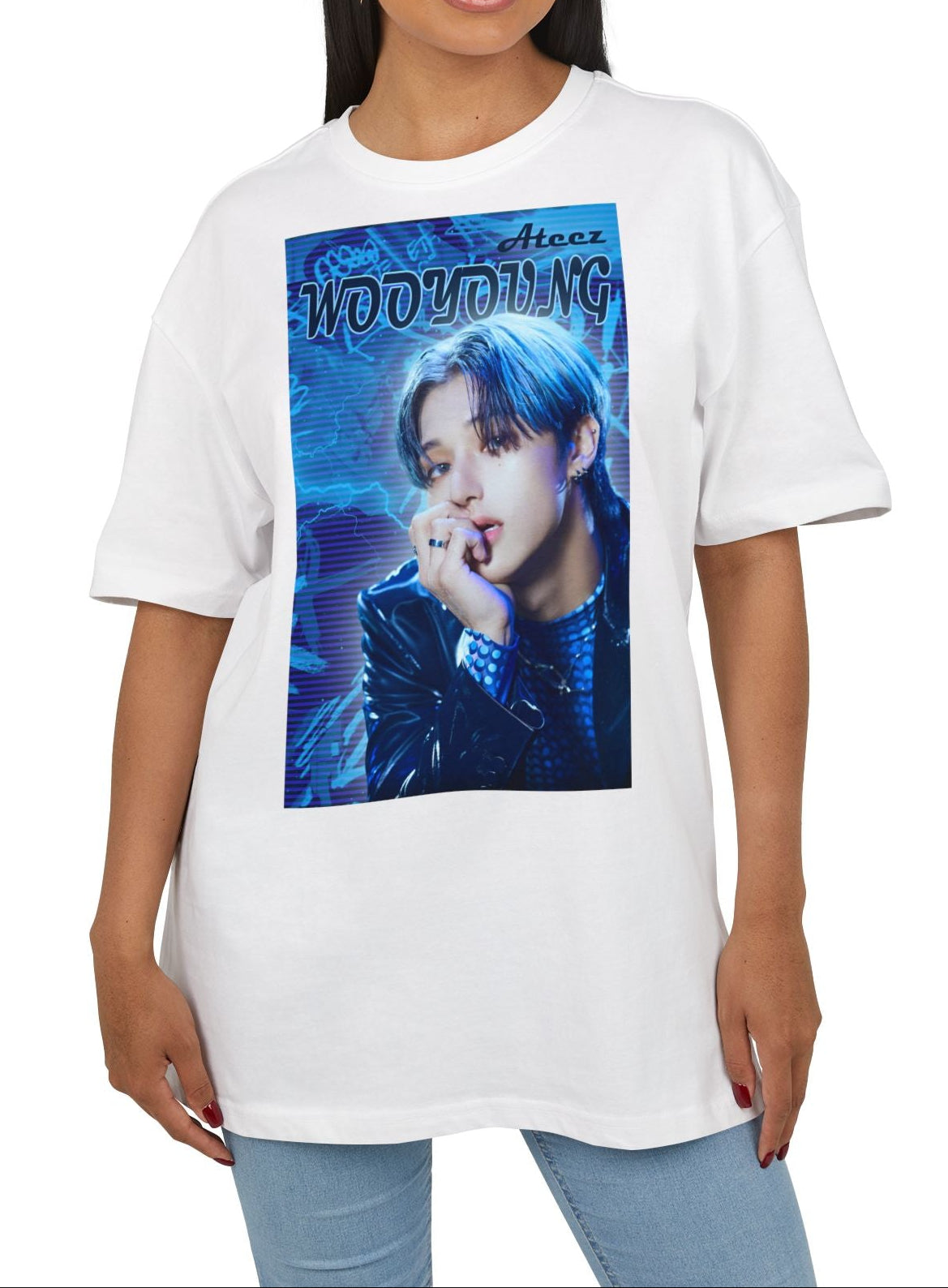 Unisex oversized cotton T-shirt in white, featuring Wooyoung of ATEEZ in a graffiti-style design with electric blue tones, glowing silhouette, race car font, and purple scan lines. From ModeK Vetements.