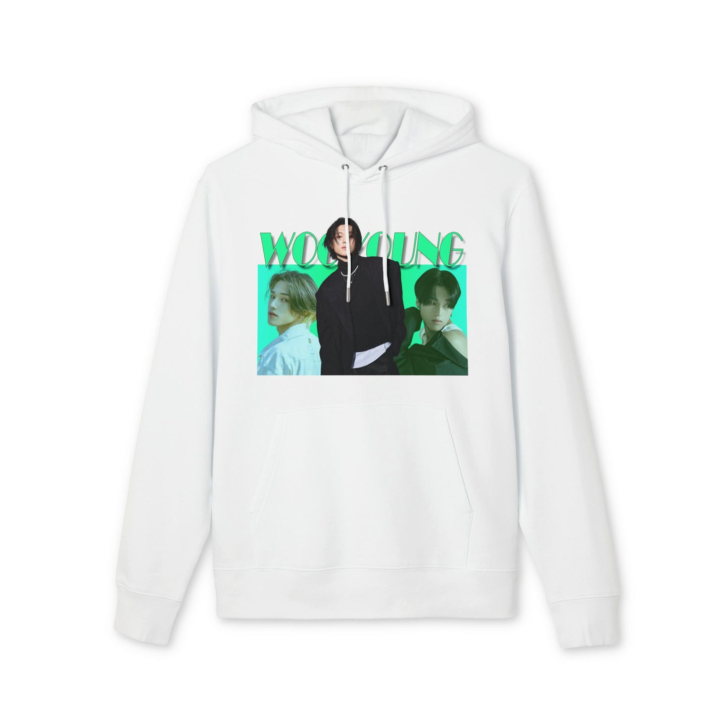 Draped Unisex hoodie in white, from 100% organic cotton, featuring a photo collage of ATEEZ’s Wooyoung. The central full-body image shows him in a black jacket with a pearl necklace and three safety pins, stepping forward over two bust-level side portraits. Background fades from aquamarine to green-cyan, with bold wintergreen “WOOYOUNG” text above. ModeK Vetements.