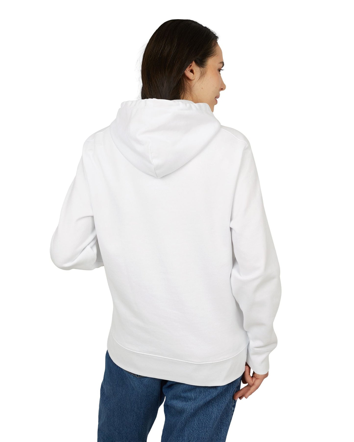 Back of the Unisex hoodie in white, from 100% organic cotton, featuring a photo collage of ATEEZ’s Wooyoung. The central full-body image shows him in a black jacket with a pearl necklace and three safety pins, stepping forward over two bust-level side portraits. Background fades from aquamarine to green-cyan, with bold wintergreen “WOOYOUNG” text above. ModeK Vetements.