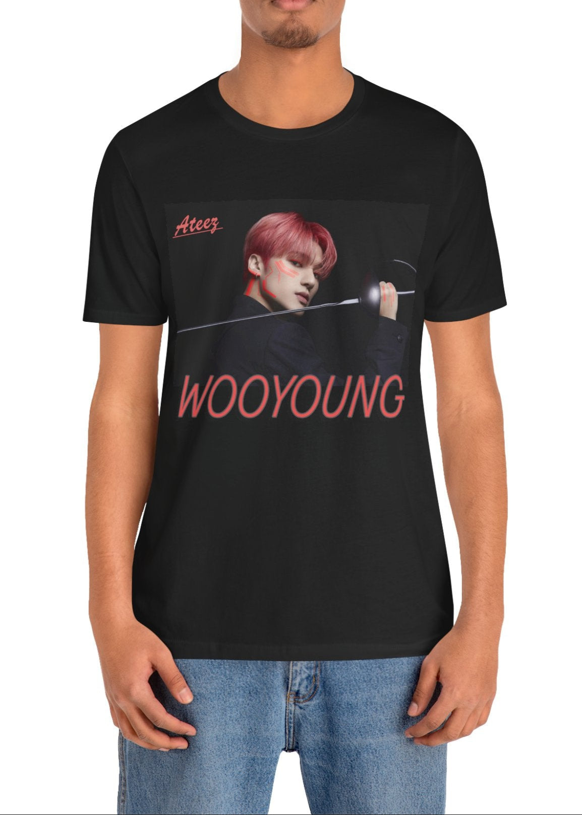 Wooyoung ATEEZ Unise T-Shirt in black, featuring a striking design of Wooyoung wielding a sword, his pink-red hair and sharp cheekbones illuminated by dynamic lighting. A must-have for ATINY.