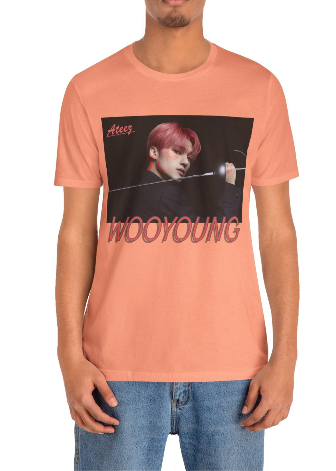 Wooyoung ATEEZ Unisex T-Shirt in sunset, featuring a striking design of Wooyoung wielding a sword, his pink-red hair and sharp cheekbones illuminated by dynamic lighting. A must-have for ATINY.