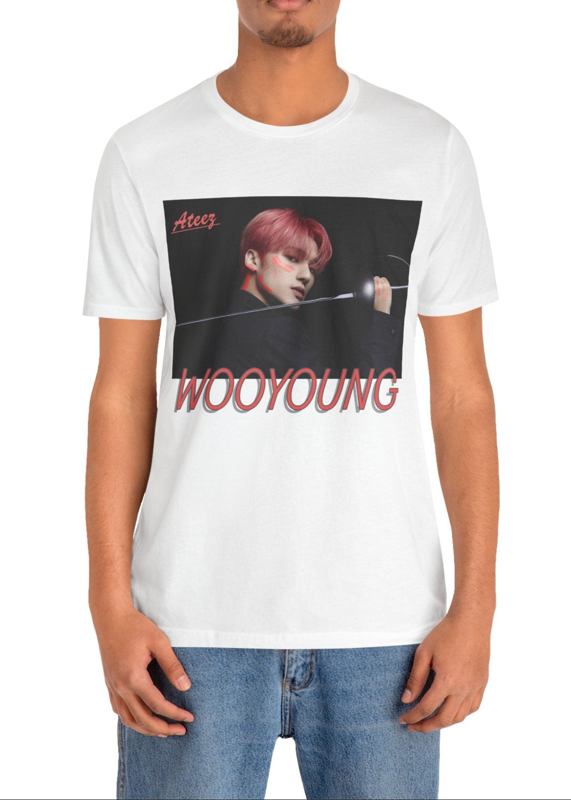 Wooyoung ATEEZ Unisex T-Shirt in white, featuring a striking design of Wooyoung wielding a sword, his pink-red hair and sharp cheekbones illuminated by dynamic lighting. A must-have for ATINY.