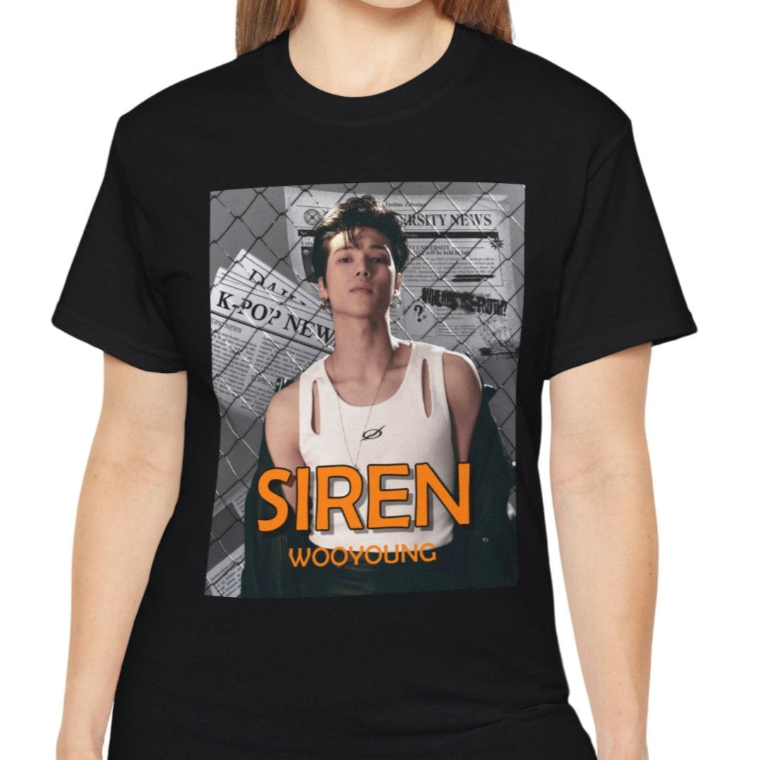 Wooyoung Ateez unisex t-shirt in black, featuring the bold SIREN: No Escape design, with a background of newspaper headlines and chain-link fence. Printed on soft 100% US cotton and certified by OEKO-TEX for comfort and quality. ModeK Vetements.