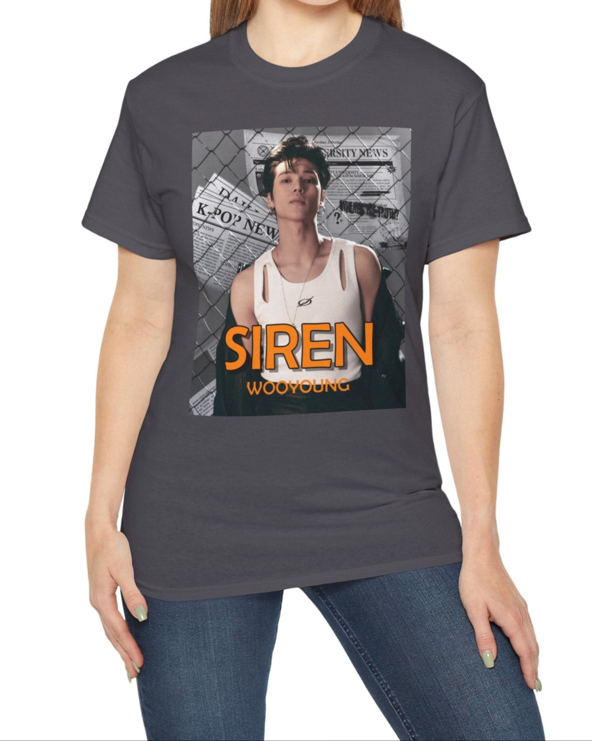 Wooyoung Ateez unisex t-shirt in charcoal, featuring the bold SIREN: No Escape design, with a background of newspaper headlines and chain-link fence. Printed on soft 100% US cotton and certified by OEKO-TEX for comfort and quality. ModeK Vetements.