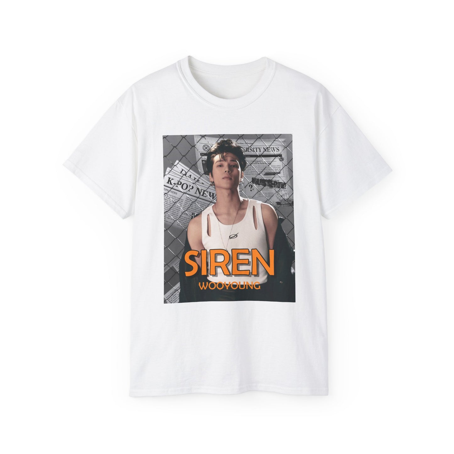 Flat Wooyoung Ateez unisex t-shirt in white, featuring the bold SIREN: No Escape design, with a background of newspaper headlines and chain-link fence. Printed on soft 100% US cotton and certified by OEKO-TEX for comfort and quality. ModeK Vetements.