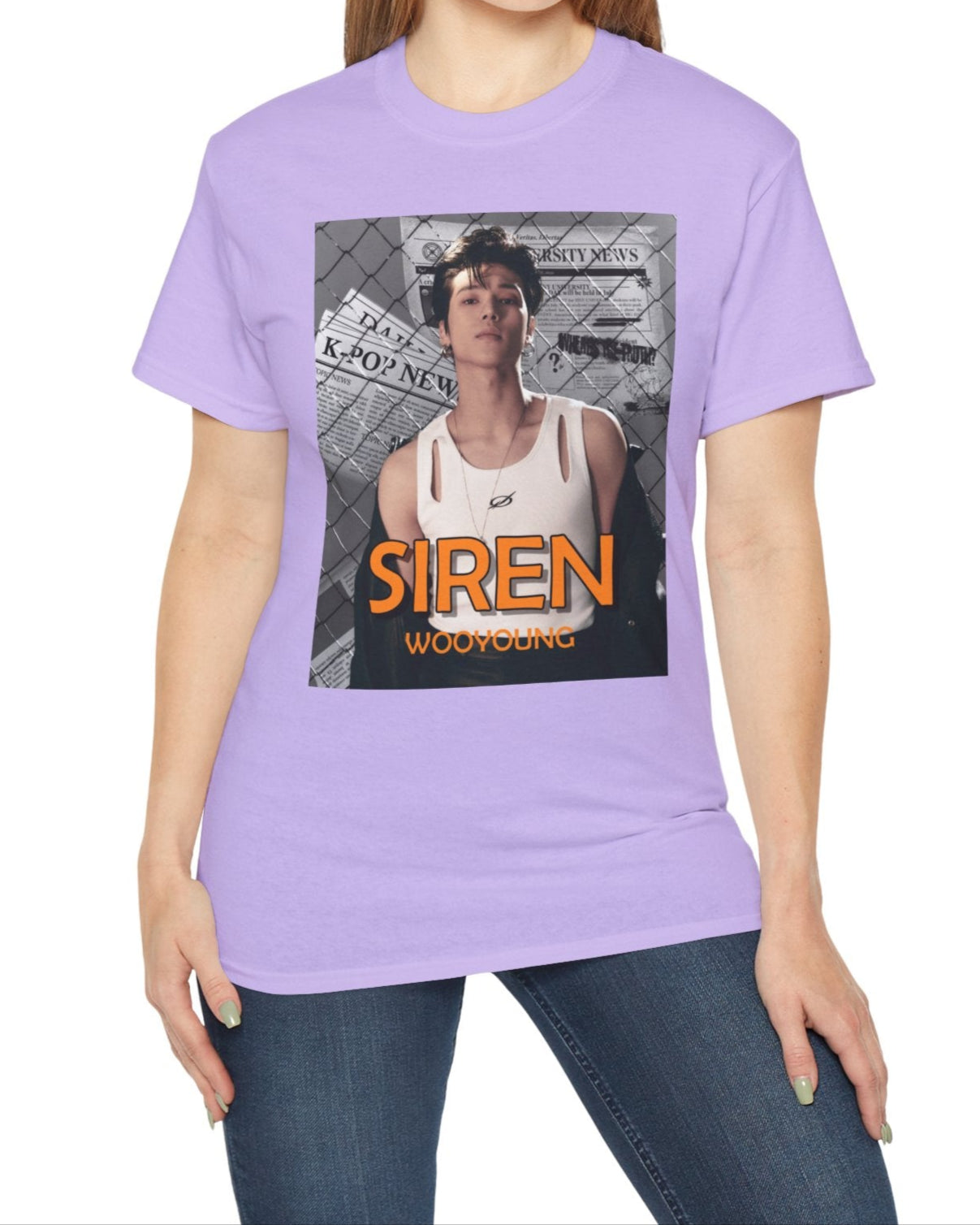 Wooyoung Ateez unisex t-shirt in orchid, featuring the bold SIREN: No Escape design, with a background of newspaper headlines and chain-link fence. Printed on soft 100% US cotton and certified by OEKO-TEX for comfort and quality. ModeK Vetements.