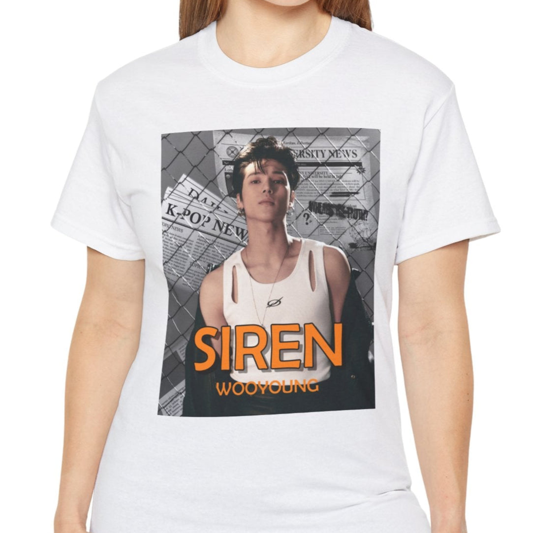 Wooyoung Ateez unisex t-shirt in white, featuring the bold SIREN: No Escape design, with a background of newspaper headlines and chain-link fence. Printed on soft 100% US cotton and certified by OEKO-TEX for comfort and quality. ModeK Vetements.
