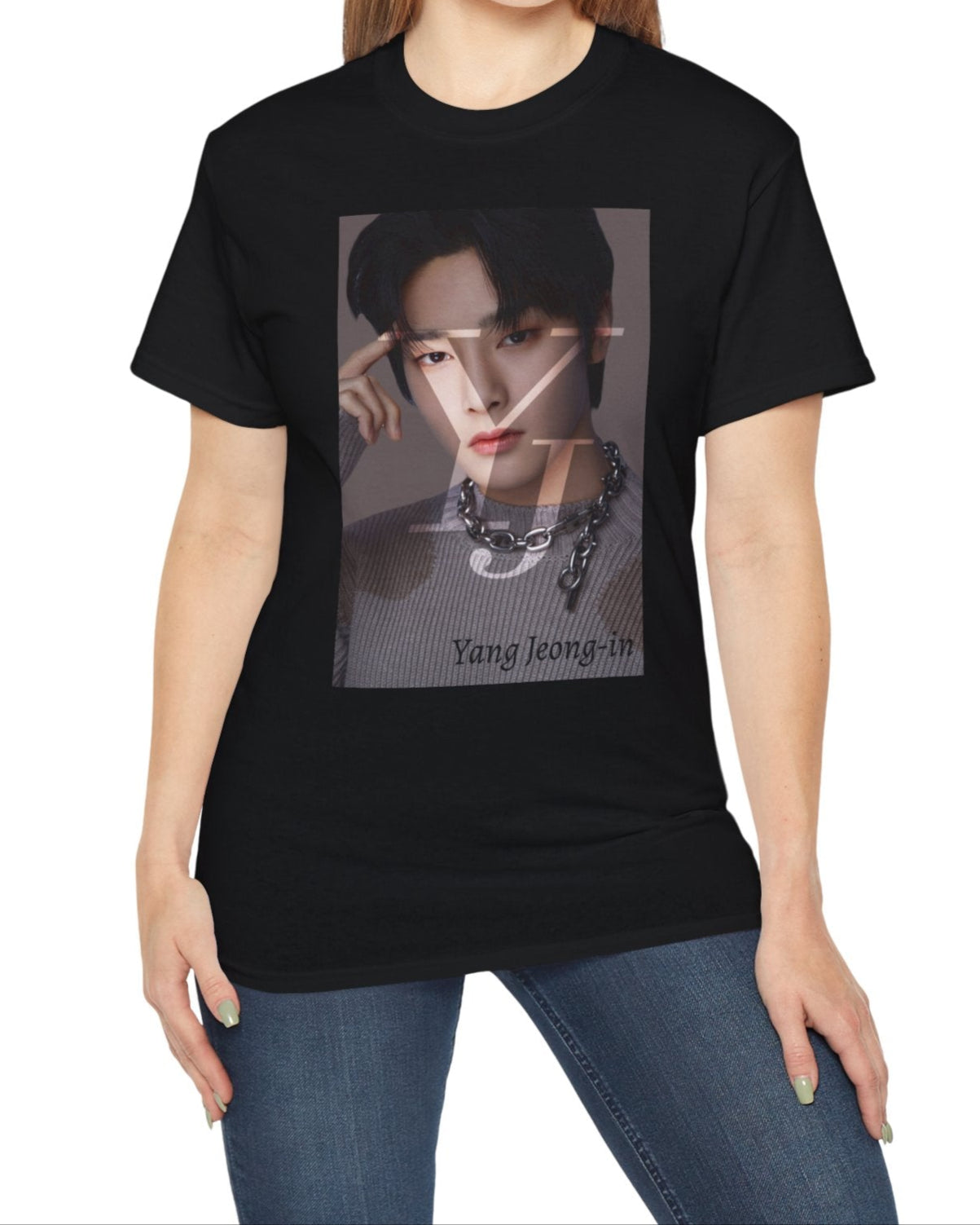 Yang Jeong-in I.N Stray Kids unisex cotton t-shirt in black, featuring a Y and J layer mask effect that reveals highlights of his face. Includes a silver chain and a gray sweater with brown circular parts made using intarsia knitting. Printed on 100% US cotton, ethically made and Oeko-Tex certified. ModeK Vetements.