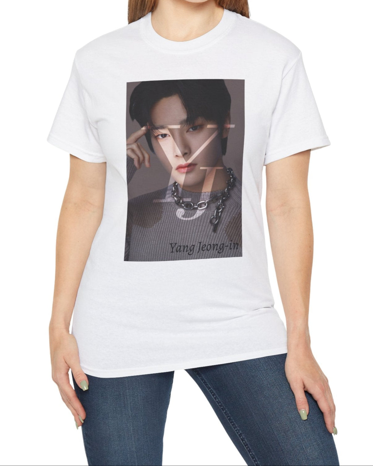 Yang Jeong-in I.N Stray Kids unisex cotton t-shirt in white, featuring a Y and J layer mask effect that reveals highlights of his face. Includes a silver chain and a gray sweater with brown circular parts made using intarsia knitting. Printed on 100% US cotton, ethically made and Oeko-Tex certified. ModeK Vetements.