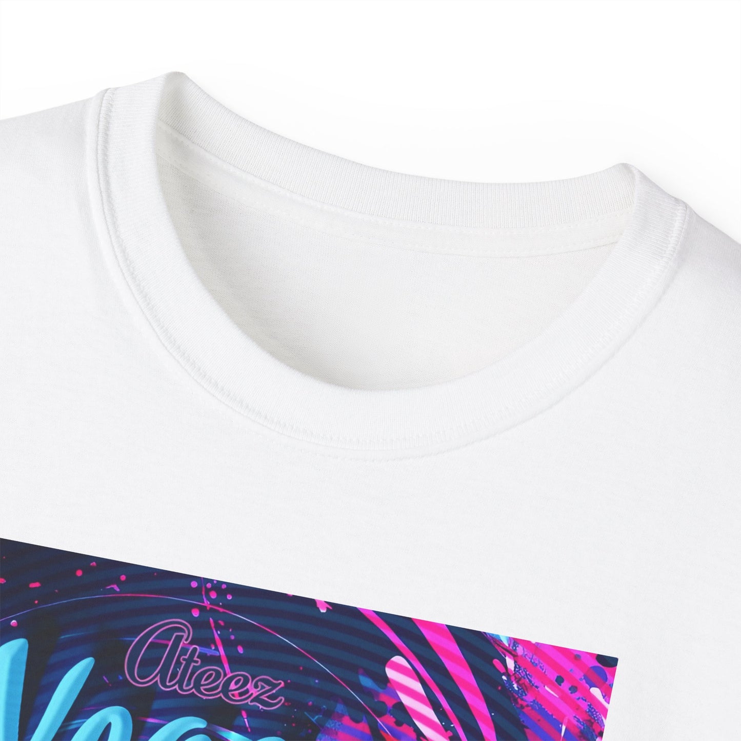 Closeup on the neckline of the unisex cotton t-shirt in white, featuring a portrait of Yeosang of ATEEZ surrounded by concentric digital lines and flowing paint-like textures. The design blends graffiti-inspired lettering with koi-like motion in blue lagoon and pink hues. From ModeK Vetements.