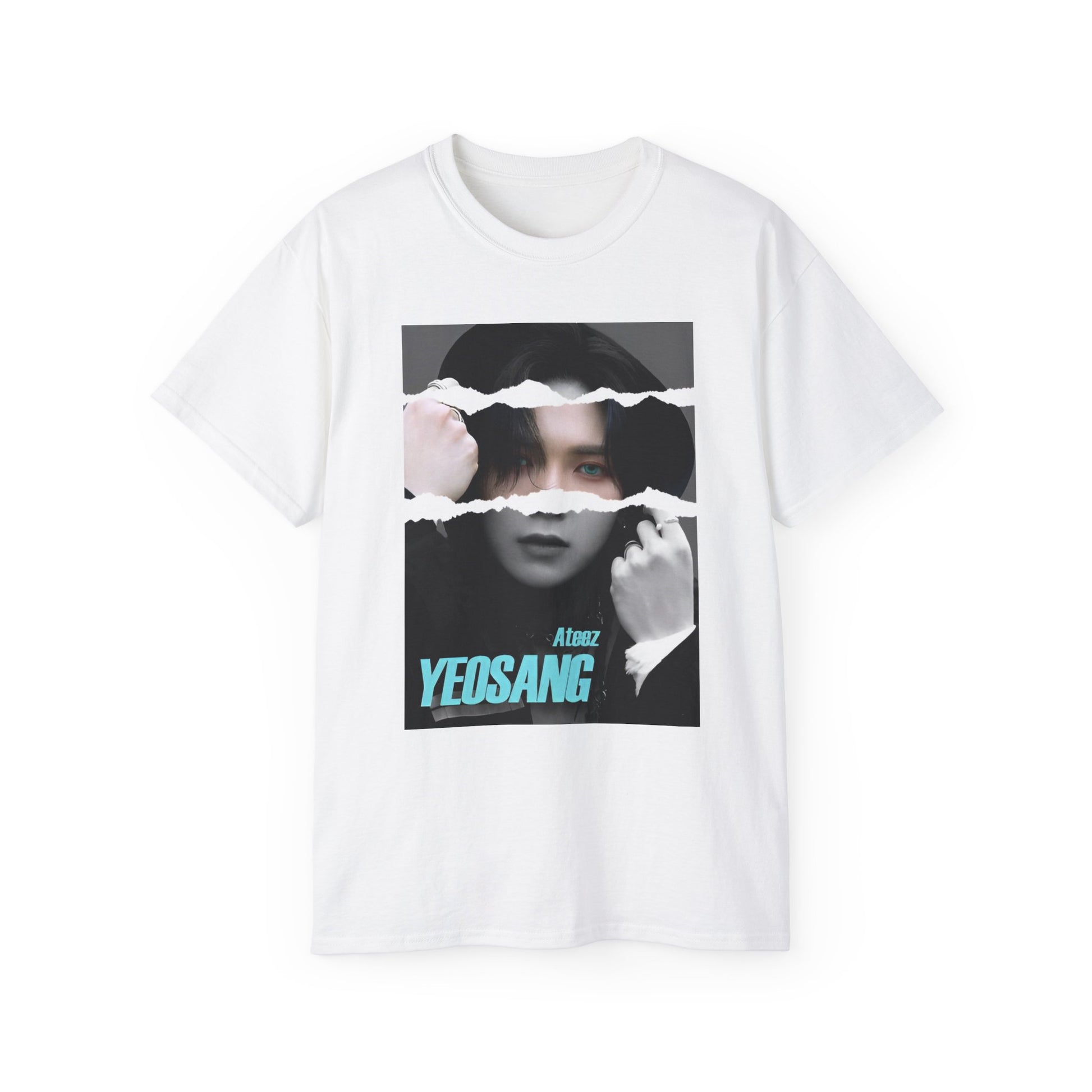 Draped Yeosang ATEEZ graphic unisex t-shirt in white, with a black-and-white portrait featuring a torn-paper effect revealing a single colored strip with turquoise eyes and text. Yeosang is putting a hoodie over his head, creating a quiet, enigmatic presence. From ModeKVetements.
